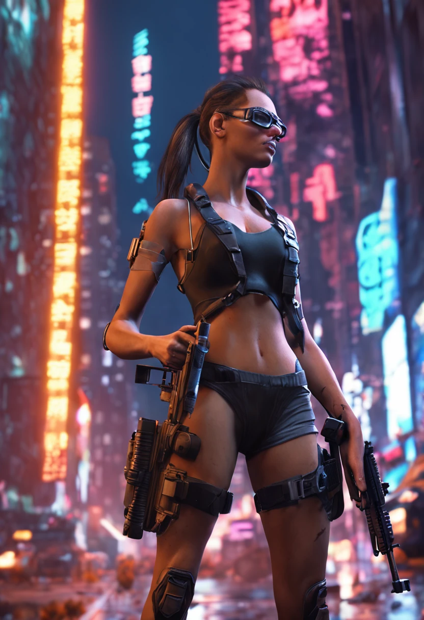 Girl, high ponytail, goggles, tights, cyberpunk, hand-held machine gun, a mechanical dog, skyscraper, neon, apocalypse, realism, 3D