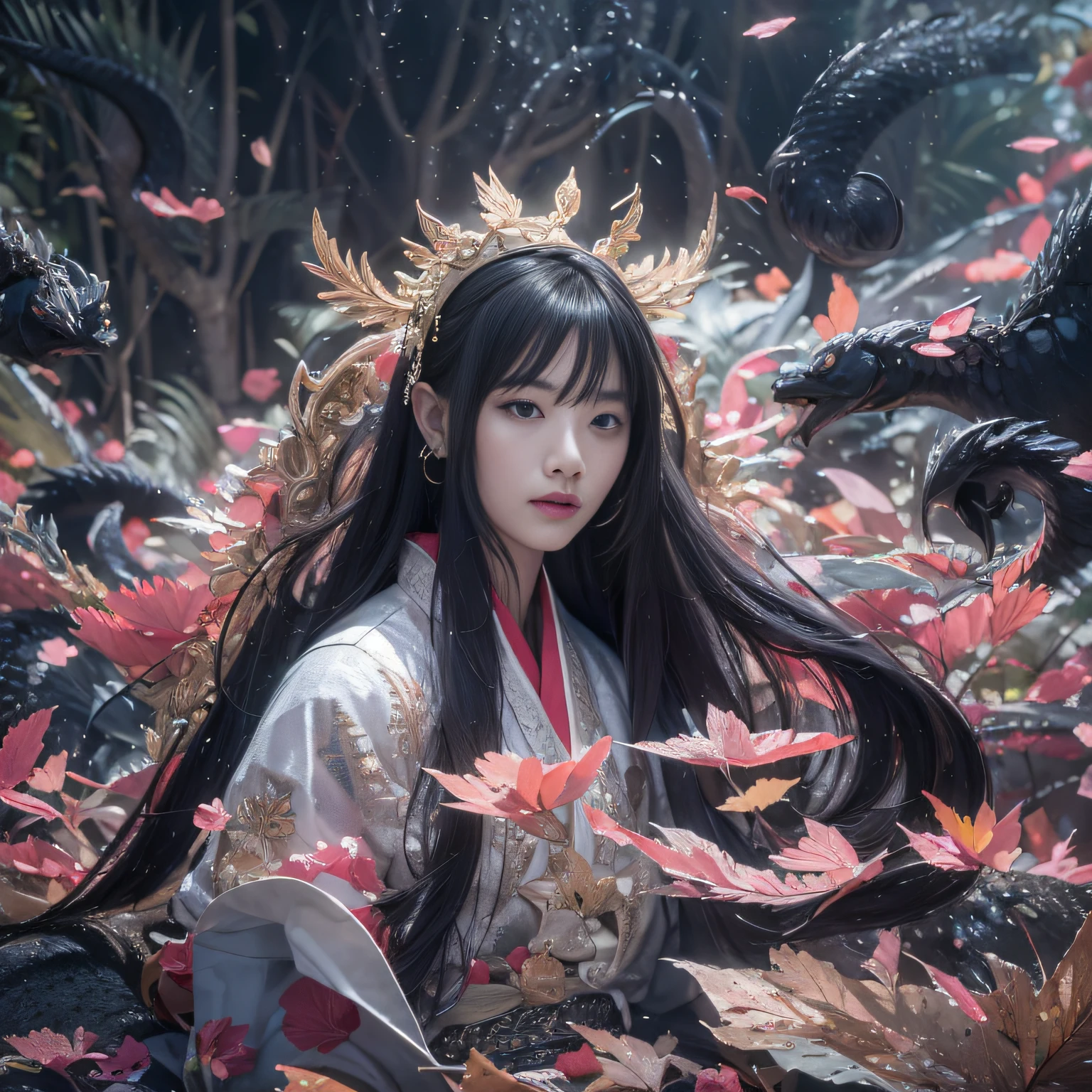 32K(tmasterpiece,k hd,hyper HD,32K)Long flowing black hair,ponds,zydink, a color, Asian people (Silly girl), (Silk scarf), Combat posture, looking at the ground, long whitr hair, Floating hair, Carp pattern headdress, Chinese long-sleeved clothing, (abstract ink splash:1.2), Pink petal background,Tulips flying(realisticlying:1.4),Black color hair,Fallen leaves flutter,The background is pure, A high resolution, the detail, RAW photogr, Sharp Re, Nikon D850 Film Stock Photo by Jefferies Lee 4 Kodak Portra 400 Camera F1.6 shots, Rich colors, ultra-realistic vivid textures, Dramatic lighting, Unreal Engine Art Station Trend, cinestir 800,Long flowing black hair