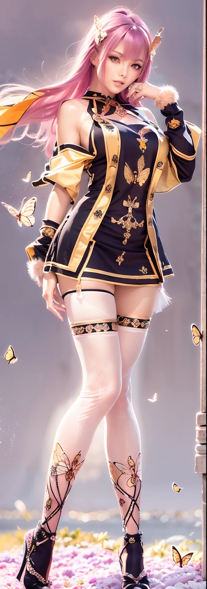 model poses，Pink haired beauty，Long hair shawl，Lower ponytail，Charming eyes，The skin is delicate，Bigchest，Yellow Uniform，Black stockings are depicted in great detail，Golden butterfly ornaments are elaborately depicted on the long legs，Ultra HD close-up，high-heels，softlighting，the street