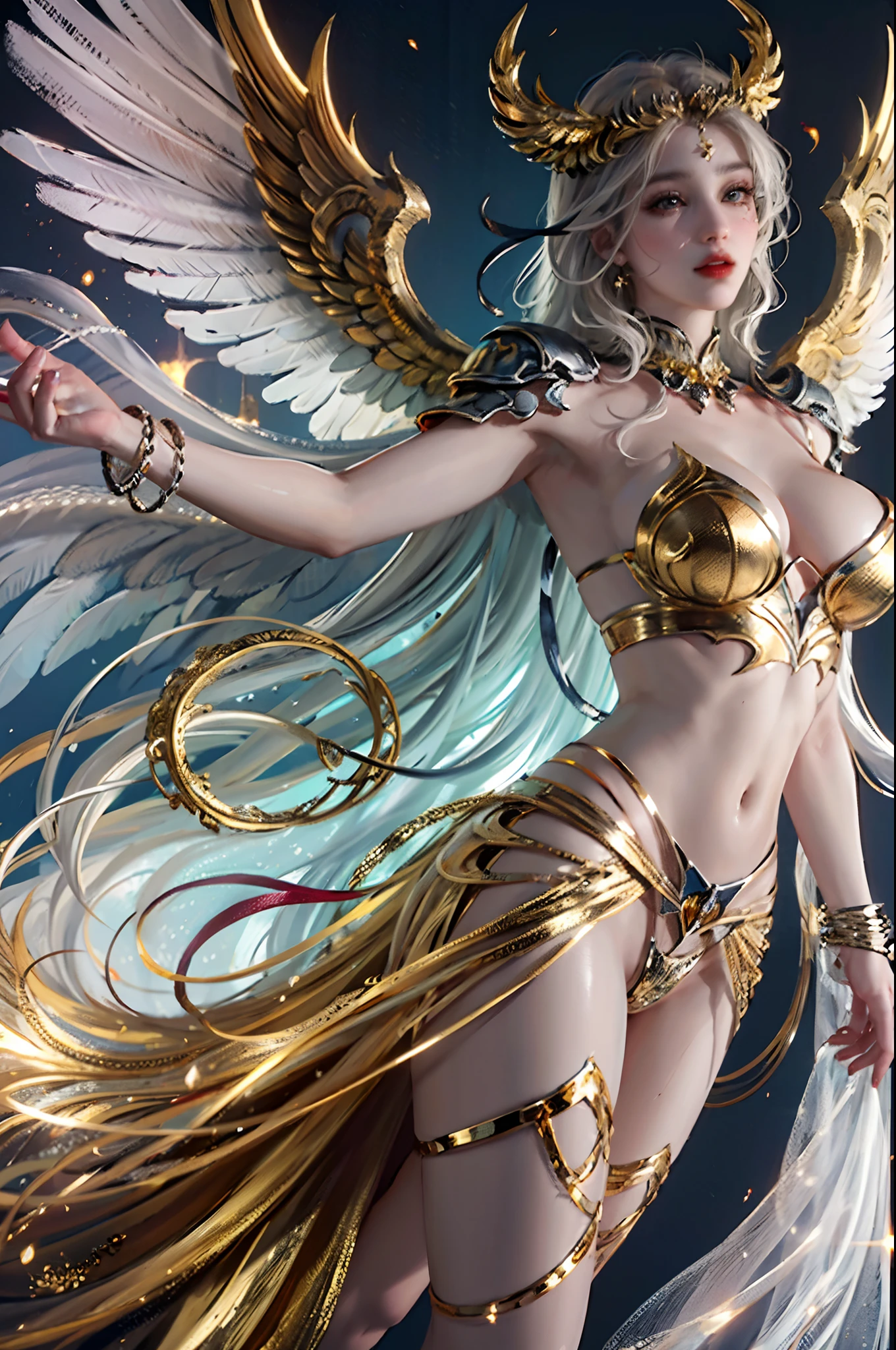 (original) , (very detailed wallpaper) , (best quality) , (masterpiece) , photographic reality, realistic, very detailed illustrations, (1 girl) ,(delicate face) , perfect detail, (best lighting) , (super complex details),
4K unified, (super detailed CG: 1.2) , (8K: 1.2) , realistic, octane rendering
((full body)), (floating in the clouds), ((smilling)), golden hair, (big breasts:1.2),wearing a white knight helmet on his head, wearing white knight armor with gold edges and gold patterns on the armor (with six huge wings growing behind him), with his hands extended to both sides of his body, and his right hand holding a golden holy sword. The background is a blue sky, with white clouds floating in the sky
