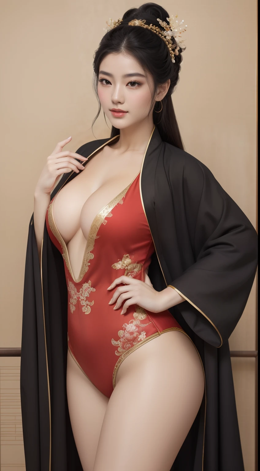 A beautiful girl in ancient China,The features are delicate and fair,Cool temperament,Black hair coiled into a bun,Wears a gold coat on his head,Chinese Song Dynasty clothing,Big red wedding dress(Ultrathin),underwear is visible,thighs visible,Long legs,Long black hair, rays of sunshine,Clear face,Thick legs,Wide buttocsal tits,Natural sng,Reallightandshadow,Large viewing angle,ultraclear,tmasterpiece,ultra - detailed,high qulity,HighestQuali,The main color is red,Background simple elements。Invisible hands,No hands。