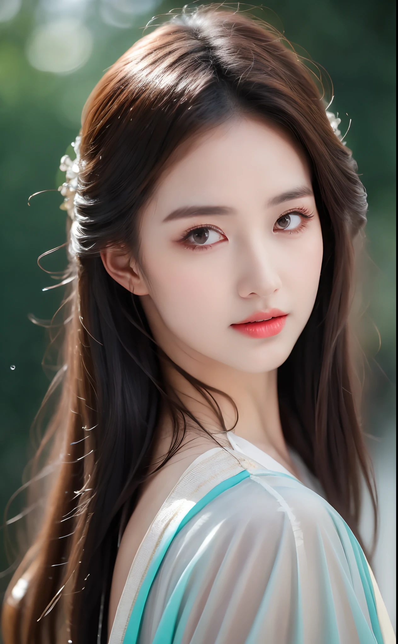 ((Best Quality, 8k, Masterpiece: 1.3)), Focus: 1.2, Perfect Body Beauty: 1.4, Buttocks: 1.2, ((Layered Haircut)), (Wet Clothes: 1.1), (Rain, Street:1.3), (Breasts: 1.2), (Hanfu: 1.2), Bare Shoulders, Bare Legs, Highly Detailed Face and Skin Texture, Fine Eyes, Double Eyelids, Whitened Skin, Long Hair, (Shut Up: 1.5), (Bokeh Background: 1.5), Big Breasts