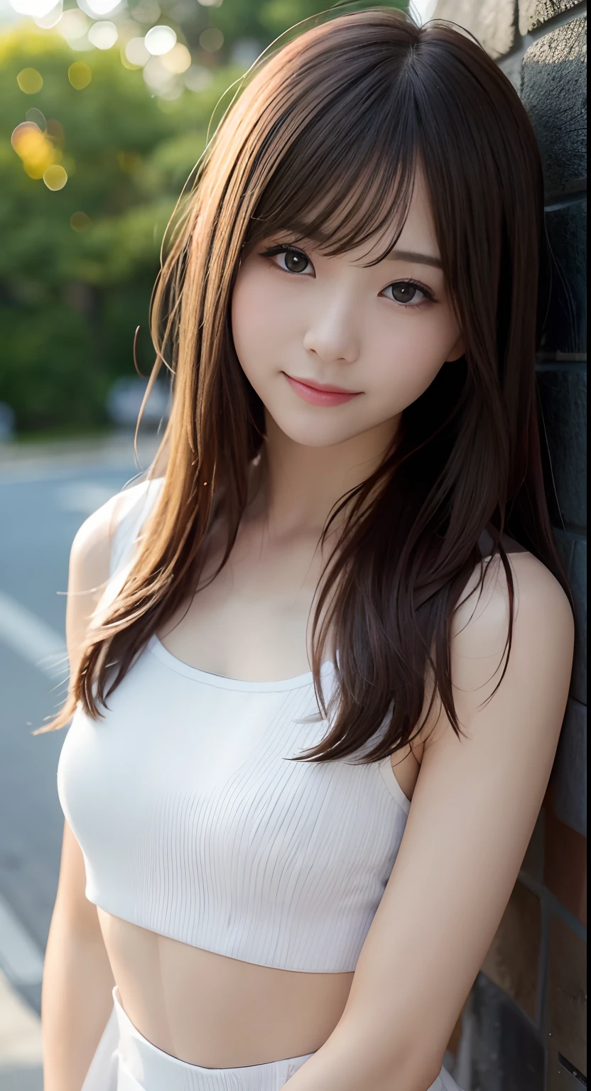 (Raw photography:1.2)、top-quality、Detailed beauty、Beautuful Women、The most beautiful women in the world、Beautiful sharp face、面長、21years old、A smile、Happy smile、light brown hair、fluffy and voluminous hair、extra detailed face、beatiful detailed eyes、eye line、Nasal nose、a small face、small tits、tiny chest、Natural sunlight、depth of fields、Blurry background、hight resolution、8k wallpaper、finely detail、Very detailed 8k wallpaper、电影灯光、sexy  pose、(photorealisim:1.4)、super detailing、​masterpiece、croptop、Small T-shirt、hotpants、shot from a side angle、Road by the sea、lean against the wall、