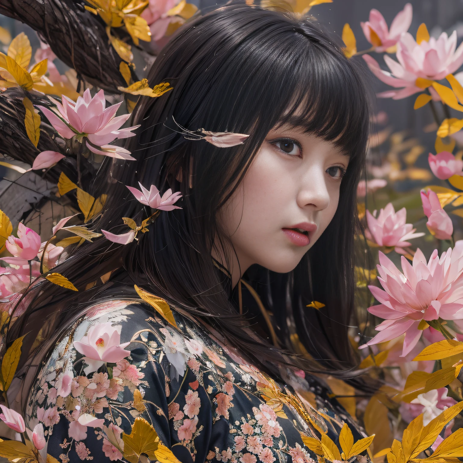 32K(tmasterpiece,k hd,hyper HD,32K)Long flowing black hair,ponds,zydink, a color, Asian people (Silly girl), (Silk scarf), Combat posture, looking at the ground, long whitr hair, Floating hair, Carp pattern headdress, Chinese long-sleeved bright orange outfit, (abstract ink splash:1.2), Pink petal background,Pink and white lotus flowers fly(realisticlying:1.4),Black color hair,Fallen leaves flutter,The background is pure, A high resolution, the detail, RAW photogr, Sharp Re, Nikon D850 Film Stock Photo by Jefferies Lee 4 Kodak Portra 400 Camera F1.6 shots, Rich colors, ultra-realistic vivid textures, Dramatic lighting, Unreal Engine Art Station Trend, cinestir 800,Long flowing black hair