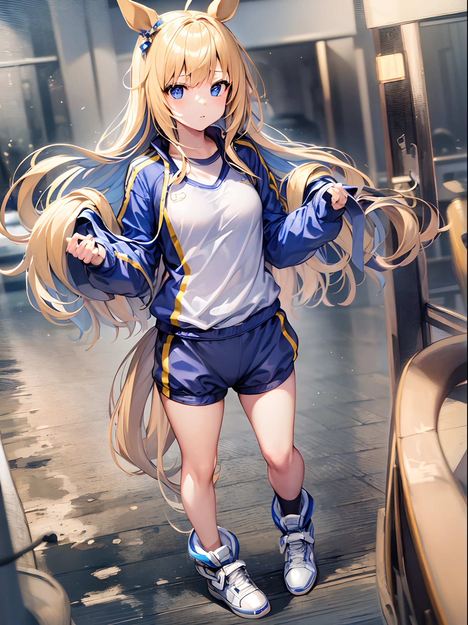 ((masterpiece))、top-quality、(Full body wide angle)、Neo Universe(Umamusume)、(1girl in、独奏)、(horse ear、Horse Girl)、A beautiful Blue eyes、deadpan、(Blonde long hair)、Spread hair、((small tits))、(((trainingwear)))、a closed mouth、In the gym、training equipment