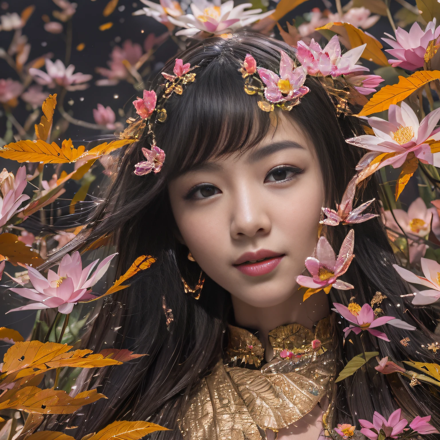32K（tmasterpiece，k hd，hyper HD，32K）Long flowing black hair，ponds，zydink， a color，  Asian people （Silly girl）， （Silk scarf）， Combat posture， looking at the ground， long whitr hair， Floating hair， Carp pattern headdress， Chinese long-sleeved bright orange outfit， （abstract ink splash：1.2）， Pink petal background，Pink and white lotus flowers fly（realisticlying：1.4），Black color hair，Fallen leaves flutter，The background is pure， A high resolution， the detail， RAW photogr， Sharp Re， Nikon D850 Film Stock Photo by Jefferies Lee 4 Kodak Portra 400 Camera F1.6 shots, Rich colors, ultra-realistic vivid textures, Dramatic lighting, Unreal Engine Art Station Trend, cinestir 800，Long flowing black hair