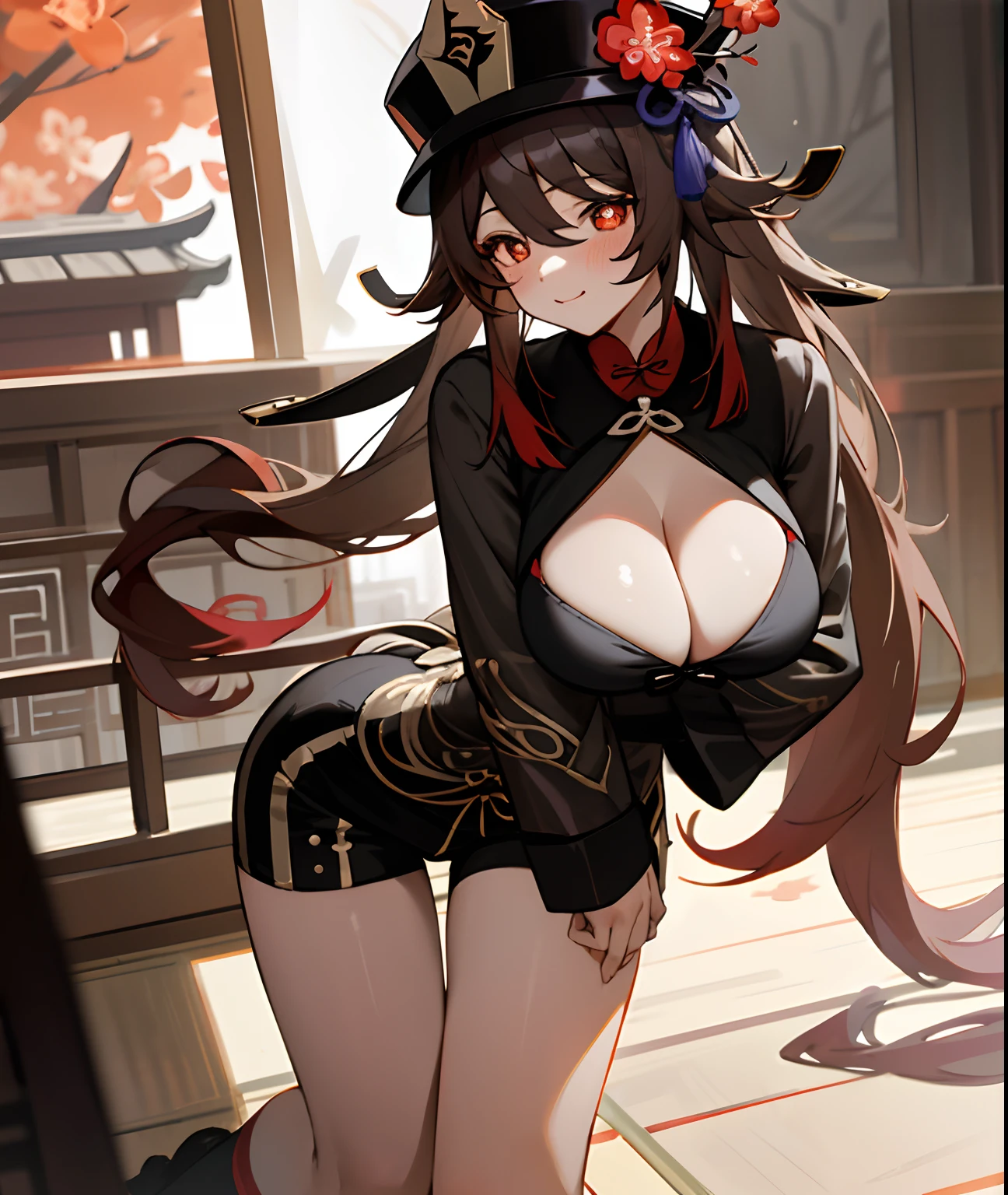 (tmasterpiece,best qualtiy), (illustratio), 1girll, hu tao (genshin impact), Shhhh, Hats, red eyes, double tails, brown hair, 独奏, symbol-shaped pupils, long whitr hair,By bangs, Black shorts, Chinese clothes, hutaornd, Sat down, sit on stairs, Chinese architecture,gigantic cleavage breasts,semi-bare,Sexy big ass,Erotic lingerie,Fiddle with sexy ass,Expose sexy breasts,Expose ,Protruding anteriorly and posteriorly,pornographic
