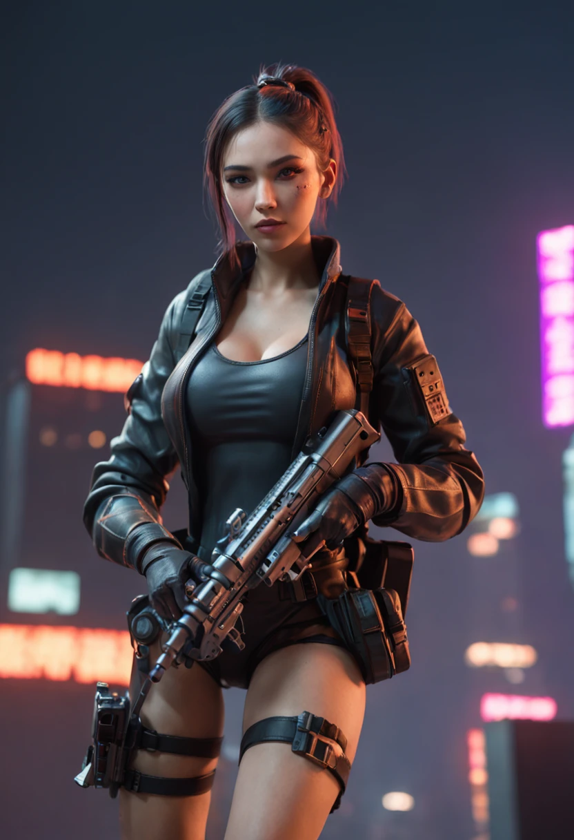 Girl, high ponytail, goggles, tights, cyberpunk, hand-held machine gun, a mechanical dog, skyscraper, neon, apocalypse, realism, 3D