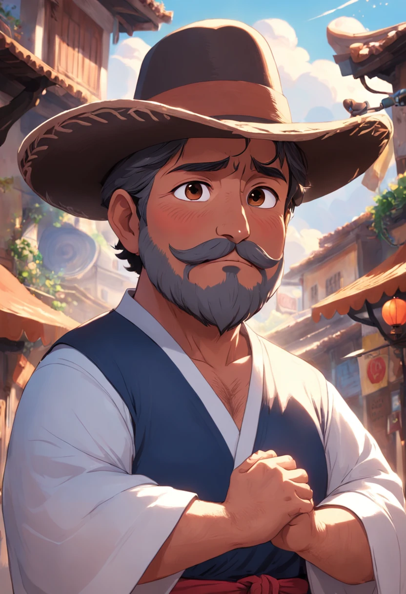 A fat middle-aged Mexican man with a brown beard, wearing hat, Wear traditional clothing, by Pixar, full bodyesbian, Pure frontal, Stretch your hands forward, Light perception, Optimized details