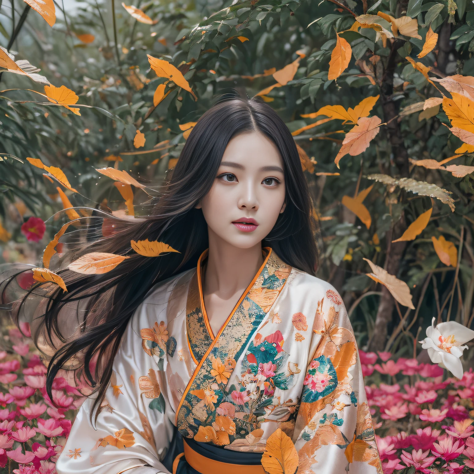 32K（tmasterpiece，k hd，hyper HD，32K）Long flowing black hair，ponds，zydink， a color，  Asian people （Silly girl）， （Silk scarf）， Combat posture， looking at the ground， long whitr hair， Floating hair， Carp pattern headdress， Chinese long-sleeved bright orange outfit， （abstract ink splash：1.2）， Pink petal background，Pink and white lotus flowers fly（realisticlying：1.4），Black color hair，Fallen leaves flutter，The background is pure， A high resolution， the detail， RAW photogr， Sharp Re， Nikon D850 Film Stock Photo by Jefferies Lee 4 Kodak Portra 400 Camera F1.6 shots, Rich colors, ultra-realistic vivid textures, Dramatic lighting, Unreal Engine Art Station Trend, cinestir 800，Long flowing black hair