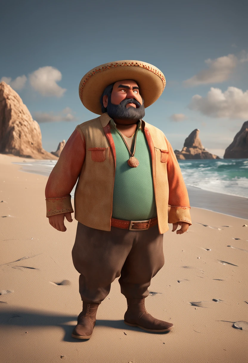 A fat middle-aged Mexican man with a brown beard, wearing hat, Wear traditional clothing, by Pixar, full bodyesbian, Pure frontal, Stretch your hands forward, Light perception, Optimized details