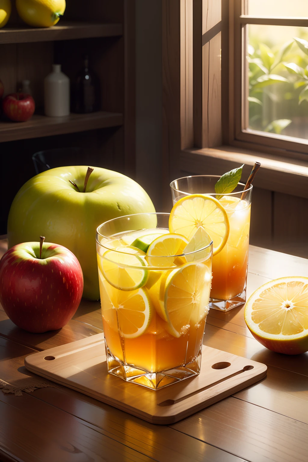 Clear glass,apples,lemons,Various fruits are placed on the table,Drinks fly,The scene is clear,The scene is fresh,It's delicious,
