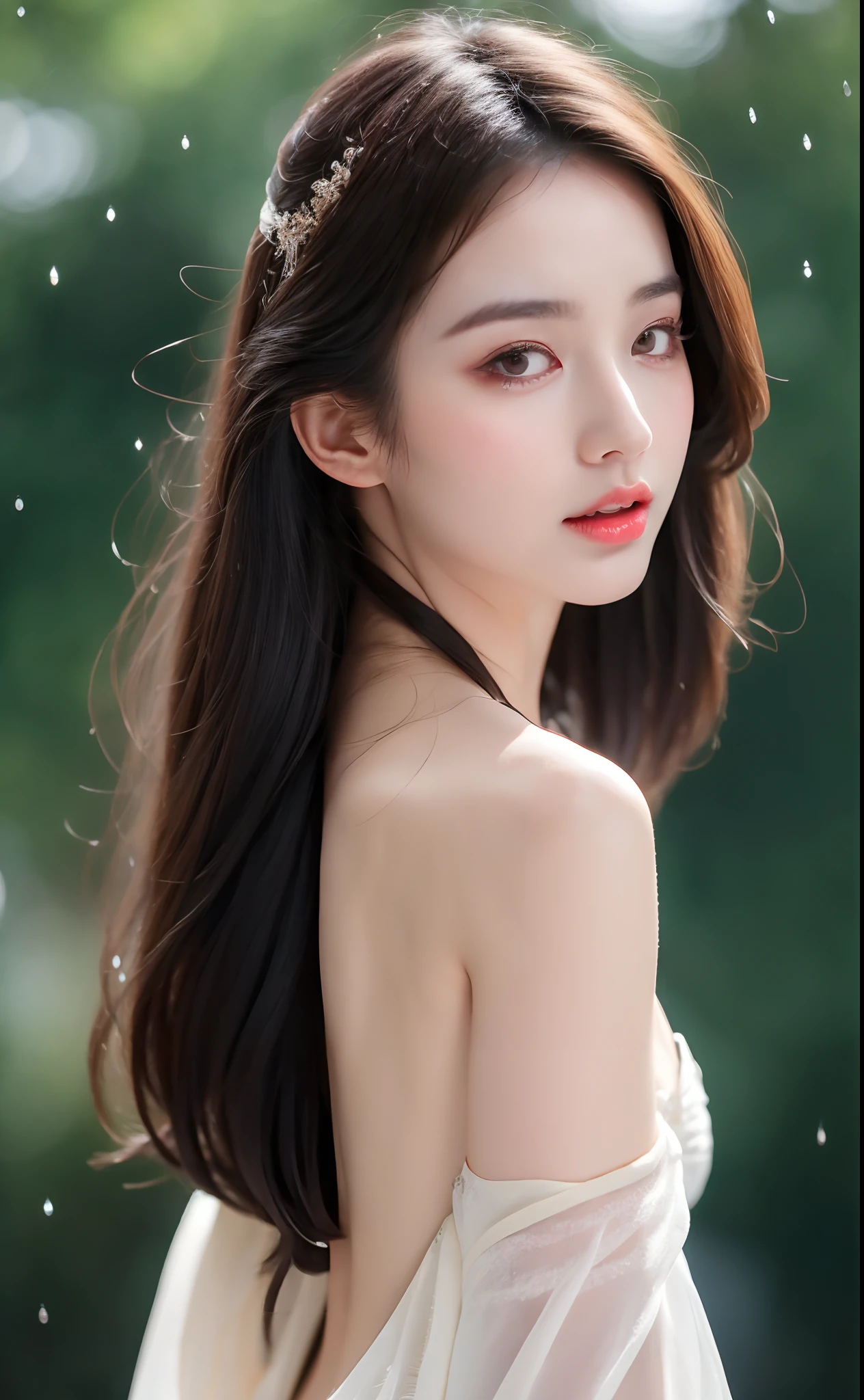 ((Best Quality, 8k, Masterpiece: 1.3)), Focus: 1.2, Perfect Body Beauty: 1.4, Buttocks: 1.2, ((Layered Haircut)), (Wet Clothes: 1.1), (Rain, Street:1.3), (Breasts: 1.2), (Hanfu: 1.2), Bare Shoulders, Bare Legs, Highly Detailed Face and Skin Texture, Fine Eyes, Double Eyelids, Whitened Skin, Long Hair, (Shut Up: 1.5), (Bokeh Background: 1.5), Big Breasts