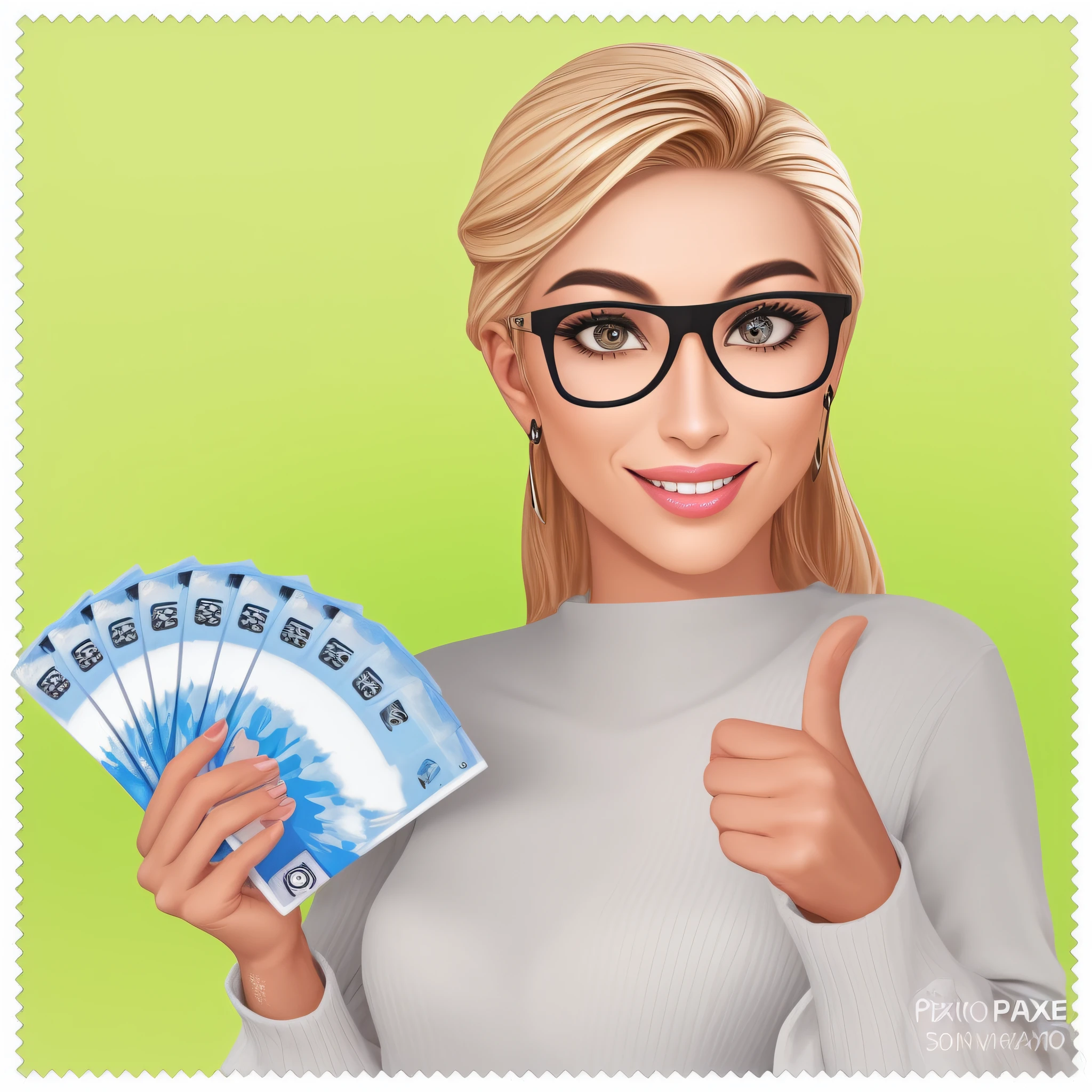 (pixae), a woman standing, sorridente, waving at the camera, blonde hair, olhos negros, blusa branca, black skirt, Dia ensolarado em um parque,