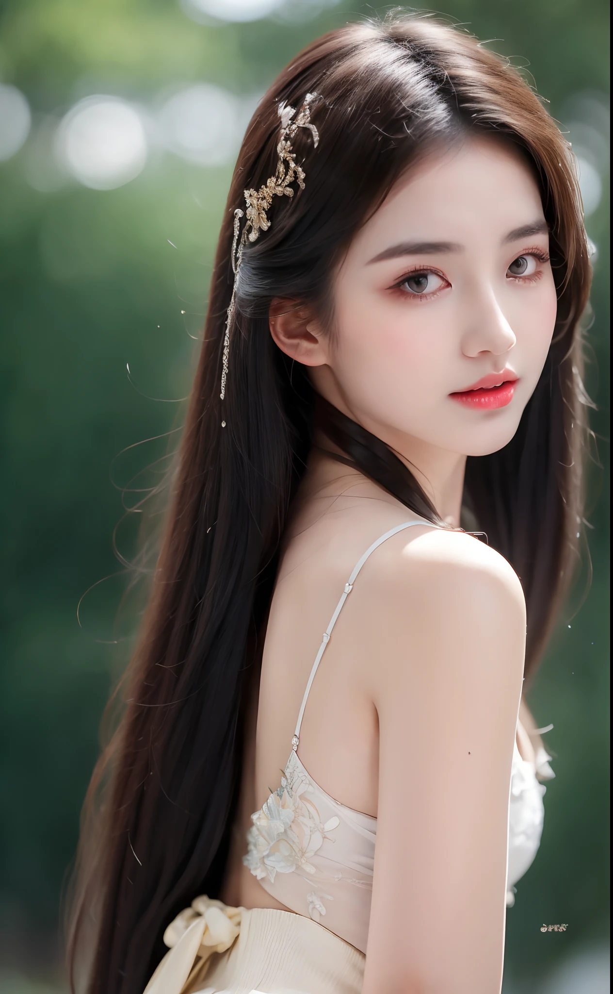 ((Best Quality, 8k, Masterpiece: 1.3)), Focus: 1.2, Perfect Body Beauty: 1.4, Buttocks: 1.2, ((Layered Haircut)), (Wet Clothes: 1.1), (Rain, Street:1.3), (Breasts: 1.2), (Hanfu: 1.2), Bare Shoulders, Bare Legs, Highly Detailed Face and Skin Texture, Fine Eyes, Double Eyelids, Whitened Skin, Long Hair, (Shut Up: 1.5), (Bokeh Background: 1.5), Big Breasts
