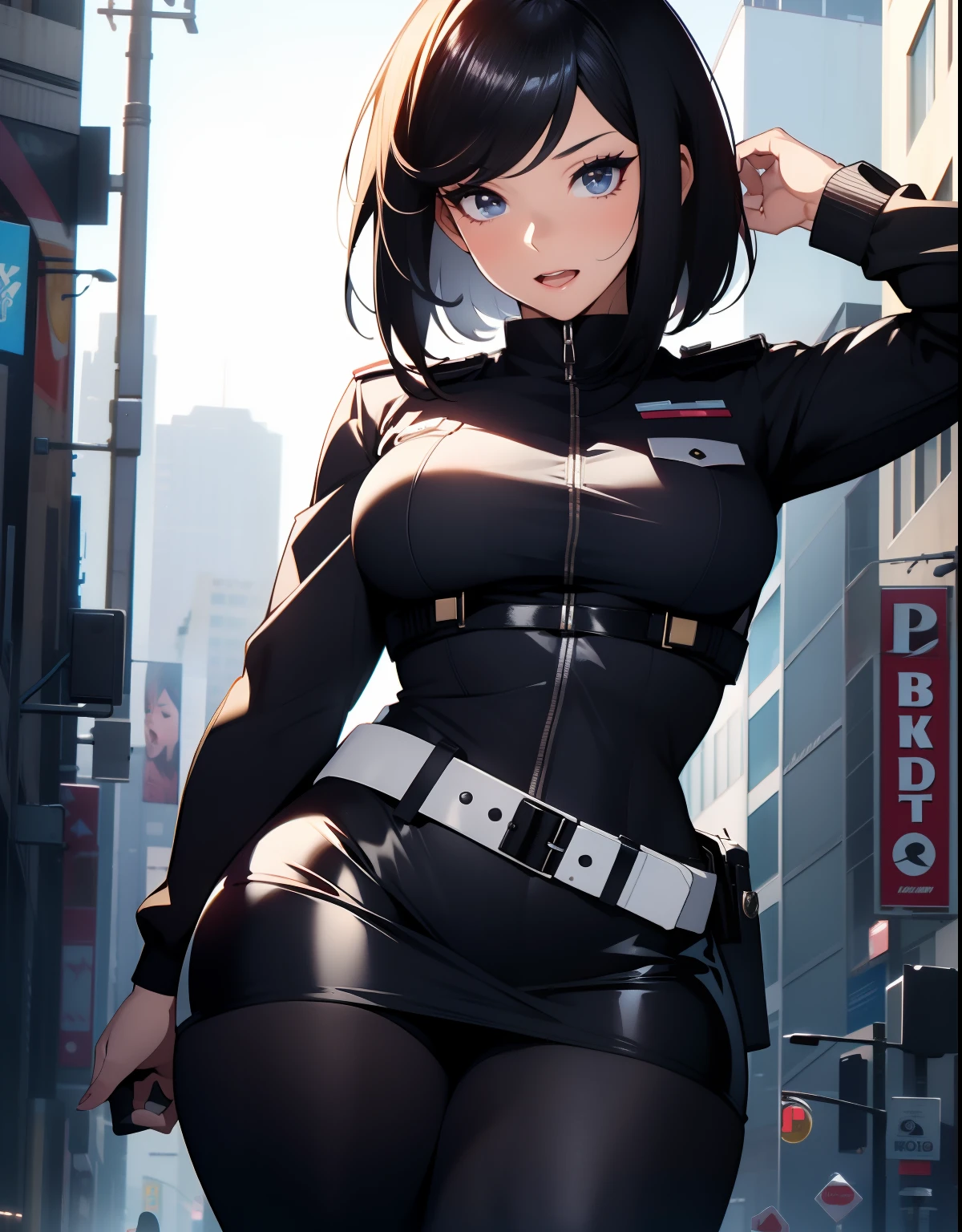 Policewoman,A beautiful full body girl,with fair skin,with short black hair,26 year old,Perfect body with muscularity,short skirt,Black slim fit leggings,Super sexy scene,facial closeups,A shy look,open open mouth