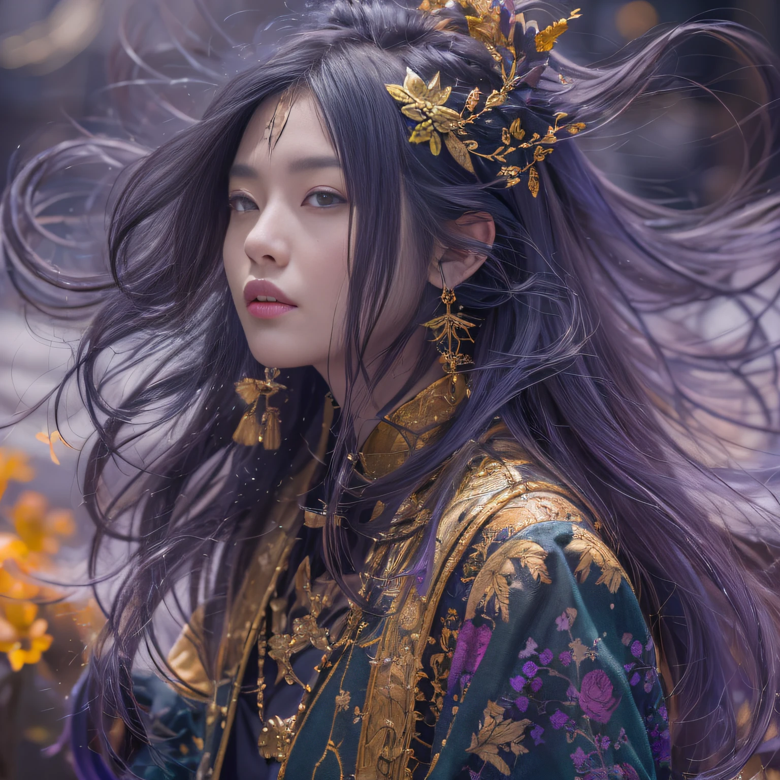 32K（tmasterpiece，k hd，hyper HD，32K）Long flowing bright purple hair，Autumn Pond，zydink， a color，  Asian people （Silly girl）， （Silk scarf）， Combat posture， looking at the ground， long whitr hair， Floating bright purple， Fire cloud pattern gold tiara， Chinese long-sleeved gold silk garment， （abstract ink splash：1.2）， smoky background，Lotus protector（realisticlying：1.4），Bright purple hair，Smoke on the road，The background is pure， A high resolution， the detail， RAW photogr， Sharp Re， Nikon D850 Film Stock Photo by Jefferies Lee 4 Kodak Portra 400 Camera F1.6 shots, Rich colors, ultra-realistic vivid textures, Dramatic lighting, Unreal Engine Art Station Trend, cinestir 800，Long flowing bright purple hair