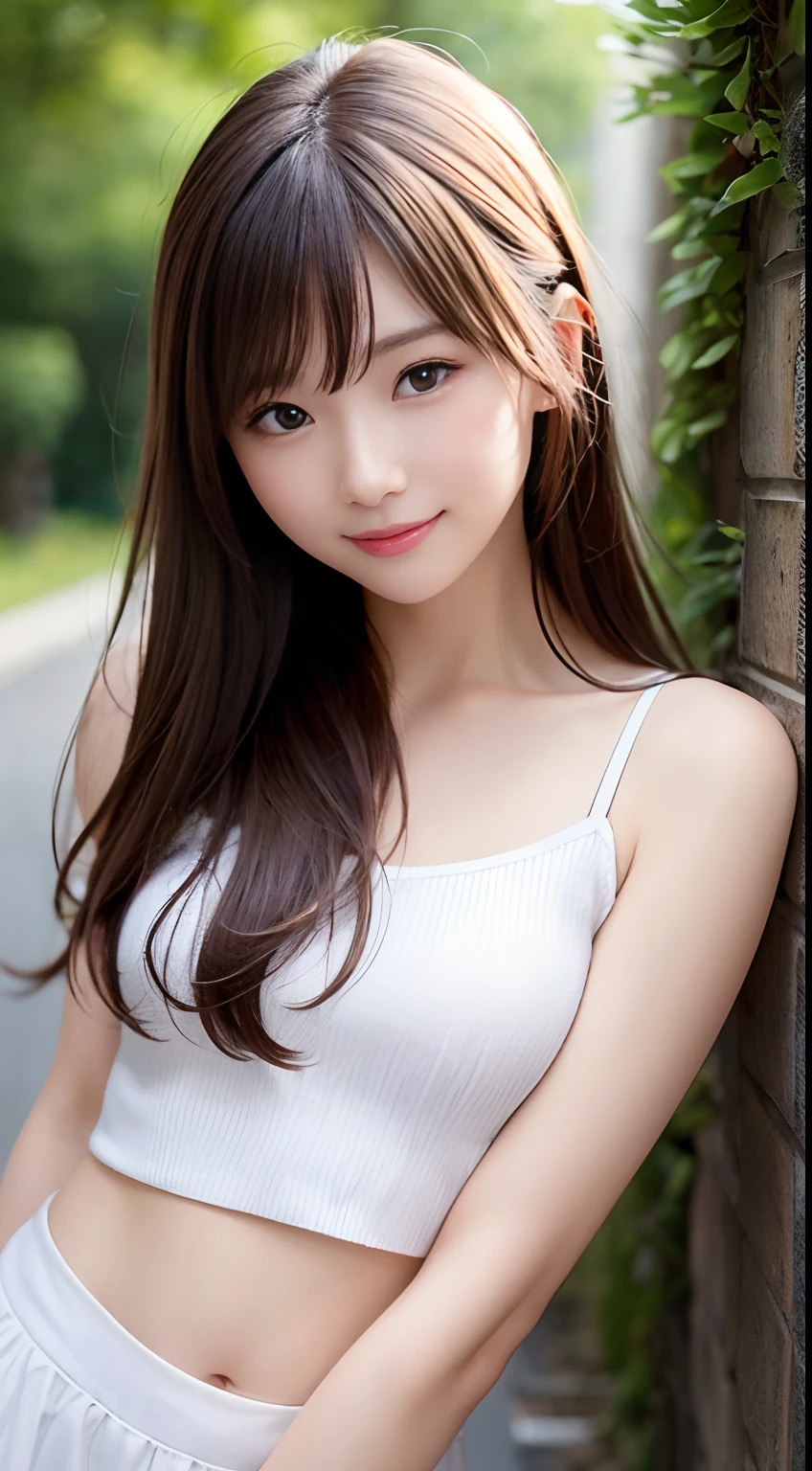 (Raw photography:1.2)、top-quality、Detailed beauty、Beautuful Women、The most beautiful women in the world、Beautiful sharp face、面長、21years old、A smile、Happy smile、light brown hair、fluffy and voluminous hair、extra detailed face、beatiful detailed eyes、eye line、Nasal nose、a small face、small tits、tiny chest、Natural sunlight、depth of fields、Blurry background、hight resolution、8k wallpaper、finely detail、Very detailed 8k wallpaper、电影灯光、sexy pose、(photorealisim:1.4)、super detailing、masterpiece、croptop、Small T-shirt、hotpants、shot from a side angle、Road by the sea、lean against the wall、