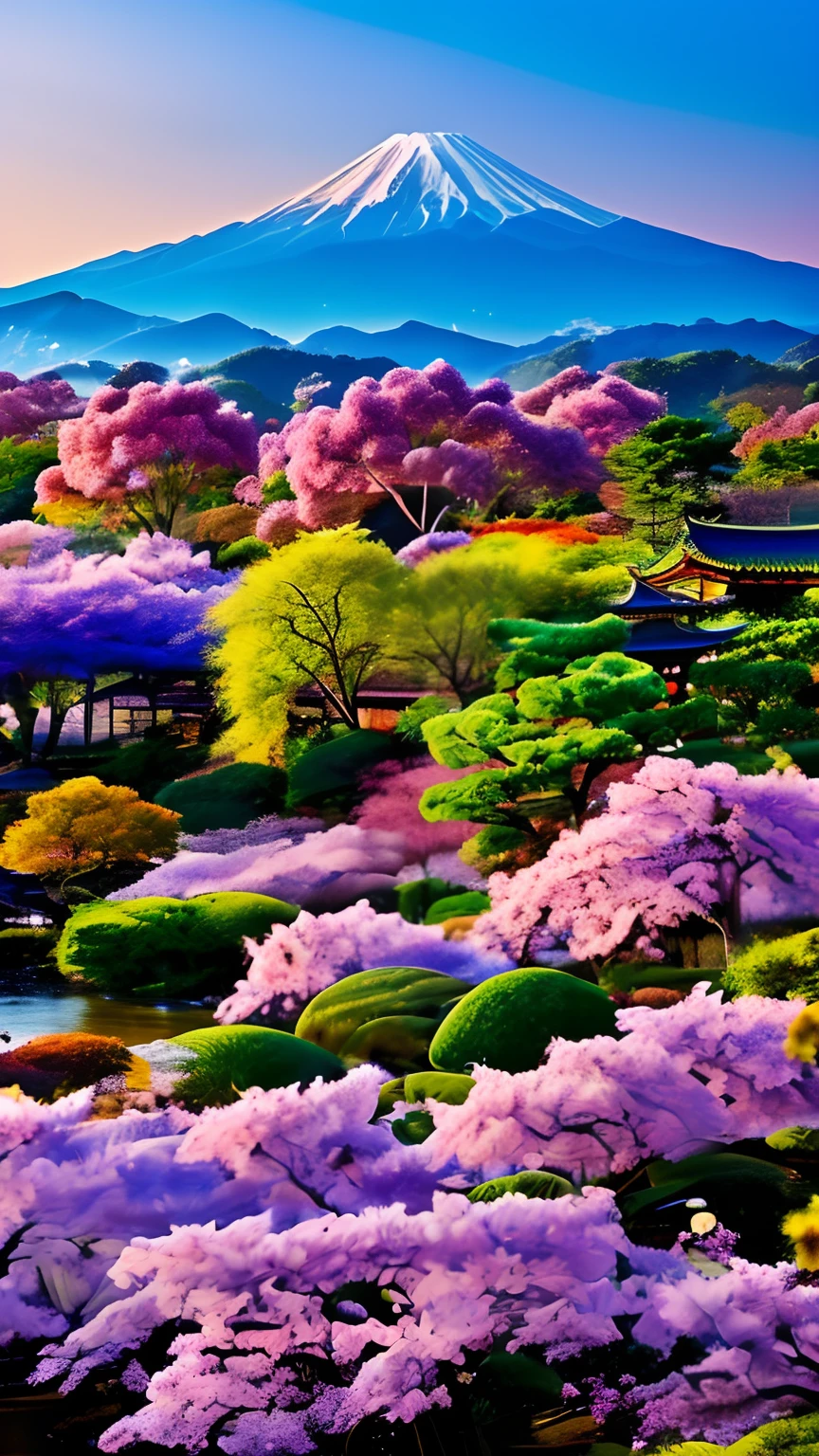 mdjrny-pprct, japanese architecture, Sakura, wisteria, Flower Garden, mountains and rivers, Clouds (high detial: 1.2)、Evening glow
