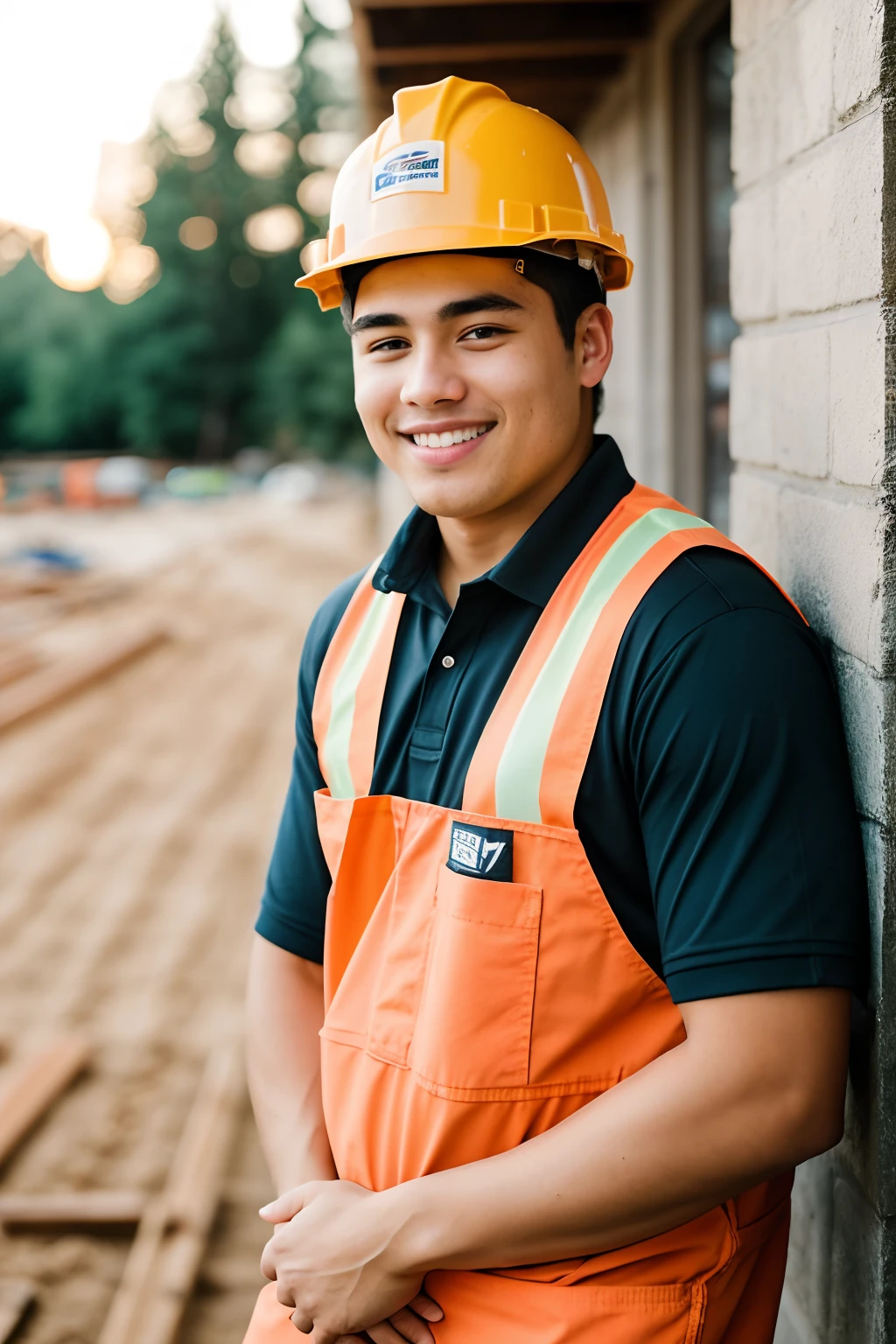 Instagram photo, full body closeup face photo of 18 y.o man embracing him role as a construction worker, beautiful face, him warm smile contrasting with her rugged attire, portraying strength as a construction worker, Sony A6400 with 16-50mm f/3.5-5.6 lens, balanced outdoor light, lifestyle photography. bokeh, motion blur
