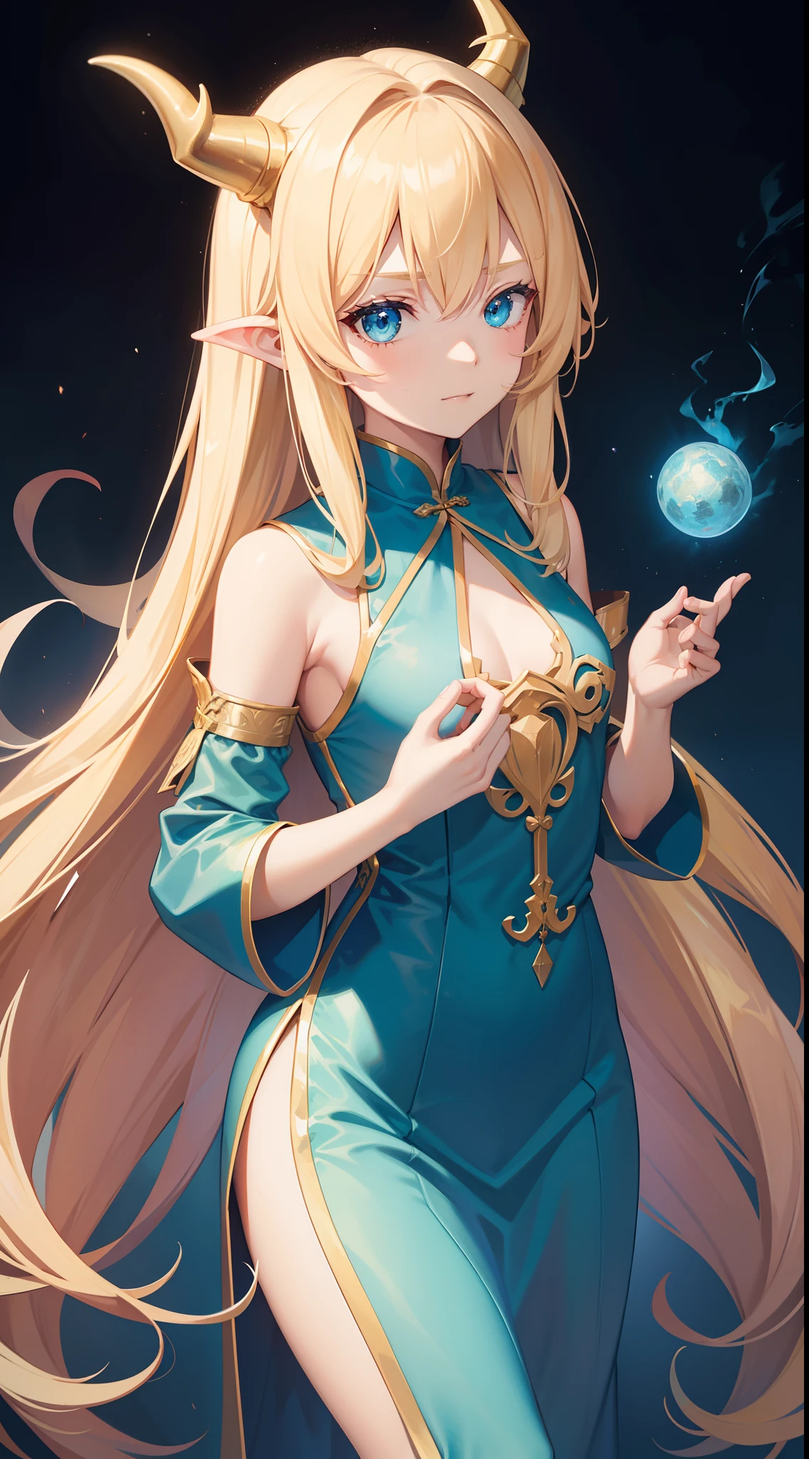 young girl, long blonde hair, dragon horns, Cyan eyes, tight blue chinese dress, neckline on the chest, grudge, little chest, Masterpiece, hiquality