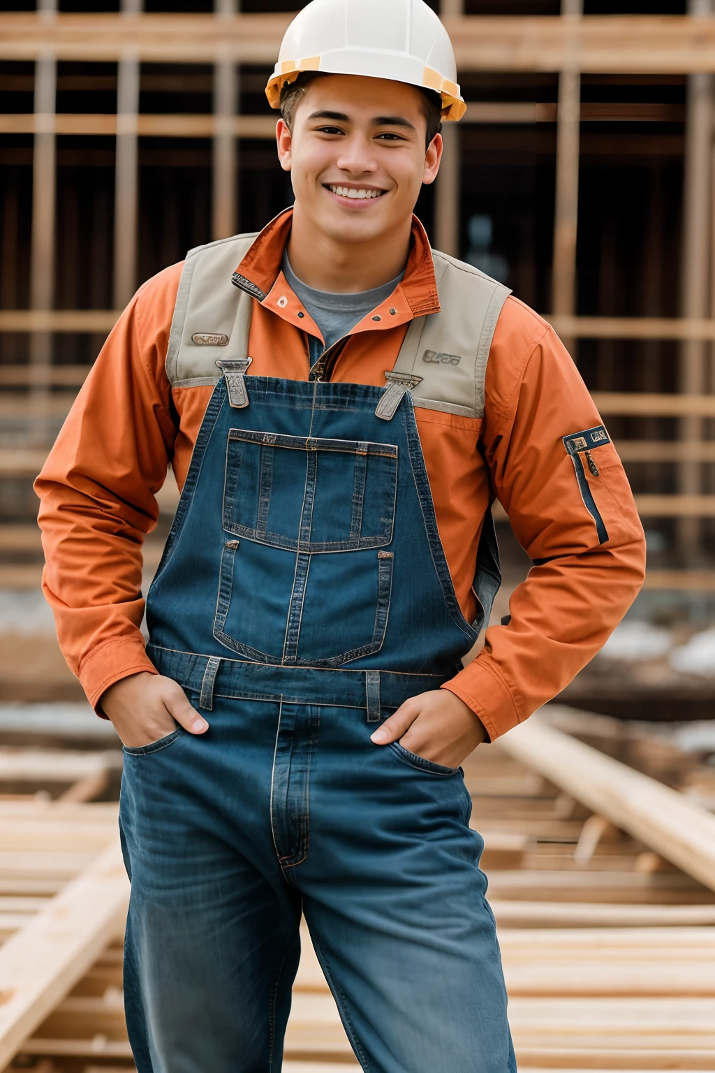 Instagram photo, full body closeup face photo of 18 y.o man embracing him role as a construction worker, beautiful face, him warm smile contrasting with her rugged attire, portraying strength as a construction worker, Sony A6400 with 16-50mm f/3.5-5.6 lens, balanced outdoor light, lifestyle photography. bokeh, motion blur