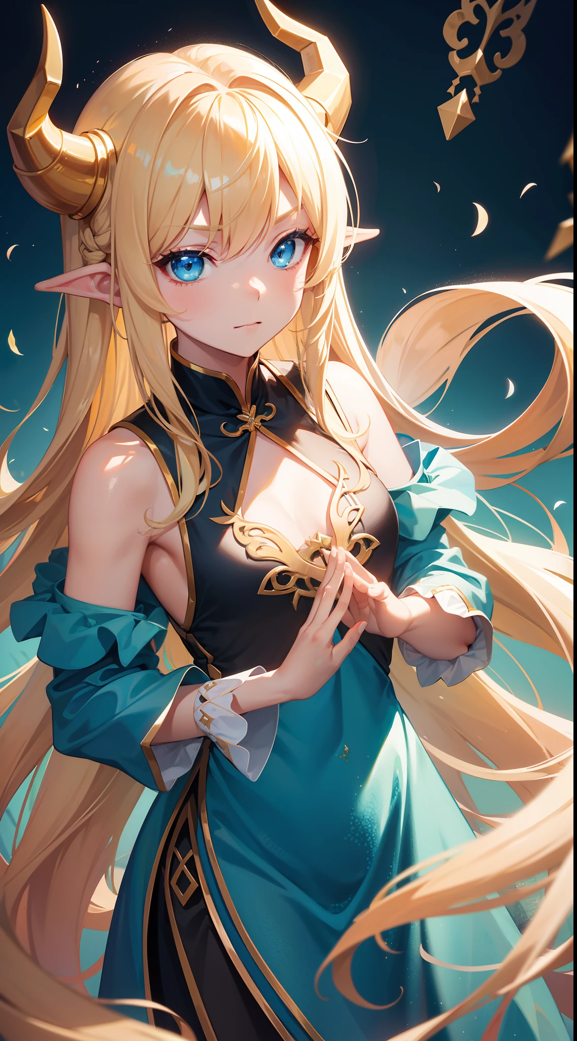 Deedlit,1girl,solo,pointy ears,blonde hair,long hair,elf,blue eyes,white background,simple background,upper body,jewelry,earrings,sleeveless,circlet,breasts,bare shoulders,dress,parted lips,green dress,bangs,sleeveless dress,parted bangs,small breasts,retro artstyle,traditional media,score_9,score_8_up,