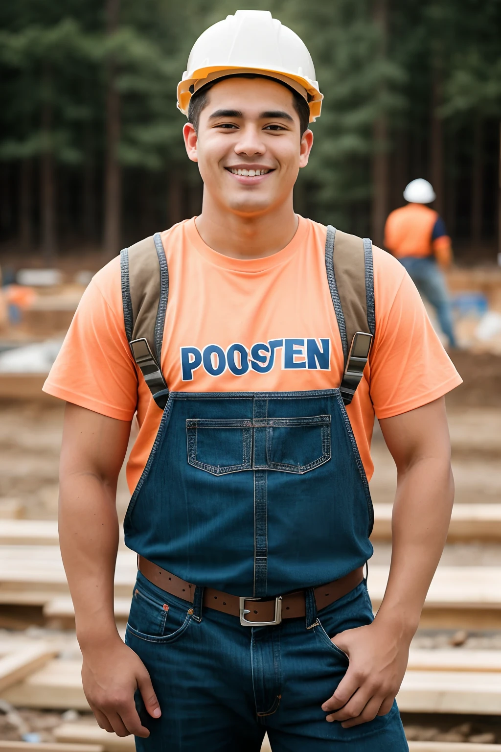 Instagram photo, full body closeup face photo of 18 y.o man embracing him role as a construction worker, beautiful face, him warm smile contrasting with her rugged attire, portraying strength as a construction worker, Sony A6400 with 16-50mm f/3.5-5.6 lens, balanced outdoor light, lifestyle photography. bokeh, motion blur