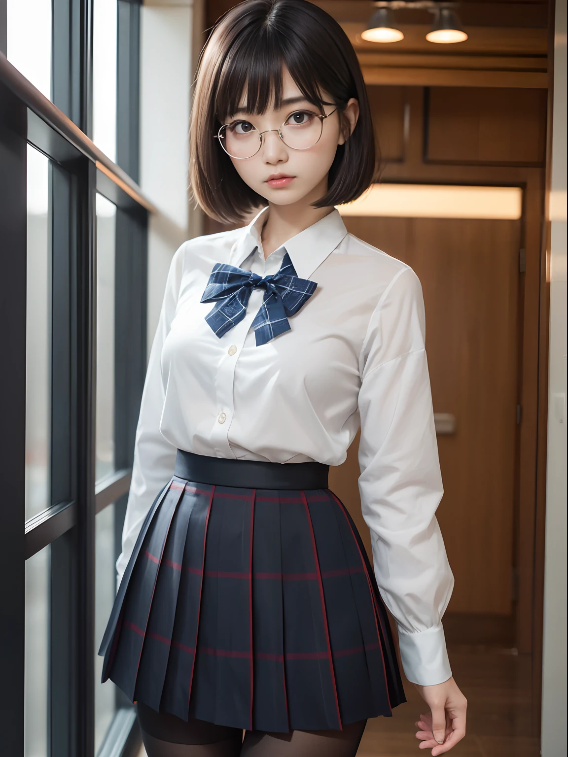 (Long bob cut),(Underwear is visible),（8K、Raw photography、top-quality、​masterpiece：1.2),pigeon chest,glamor,Chromo-white skin,cocky,School,watching at viewers,Looking at the front,Muchimuchi,High-pitched clothing,Erotic,Pupils,de pele branca,kne,((Black pantyhose)),absurderes,a small face,,Forehead visible,Bangs hanging from the left and right sides of the forehead,(a cold expression,Tight eyes,glares,Bullish,irate)、​masterpiece,top-quality、超A high resolution,Raw photo,ren,Beautiful fece,One Person, 独奏,eye glass,,Dark look,Small breasts,fullllbody,Round glasses,JK school uniform,hi-school girl,A Japanese Lady,is standing,（Photorealsitic：1.37）、Photon mapping,Realistic、Beautie,Cute little face,Brown-eyed、Black socks、(Red bow tie)、Radio City、Physically Based Rendering、depth of fields、Blurry background、a picture,Body,beauty legs, Long legs, Thin leg,(Bangs are visible), hair, s lips, Blue_The eye, nosesoft,(Light blue shirt), (Navy and blue and white plaid pleated skirt), Knees are visible,Sheer clothing,, Thigh, Black cotton socks,Nogizaka Idol, 女優, Japanese ido