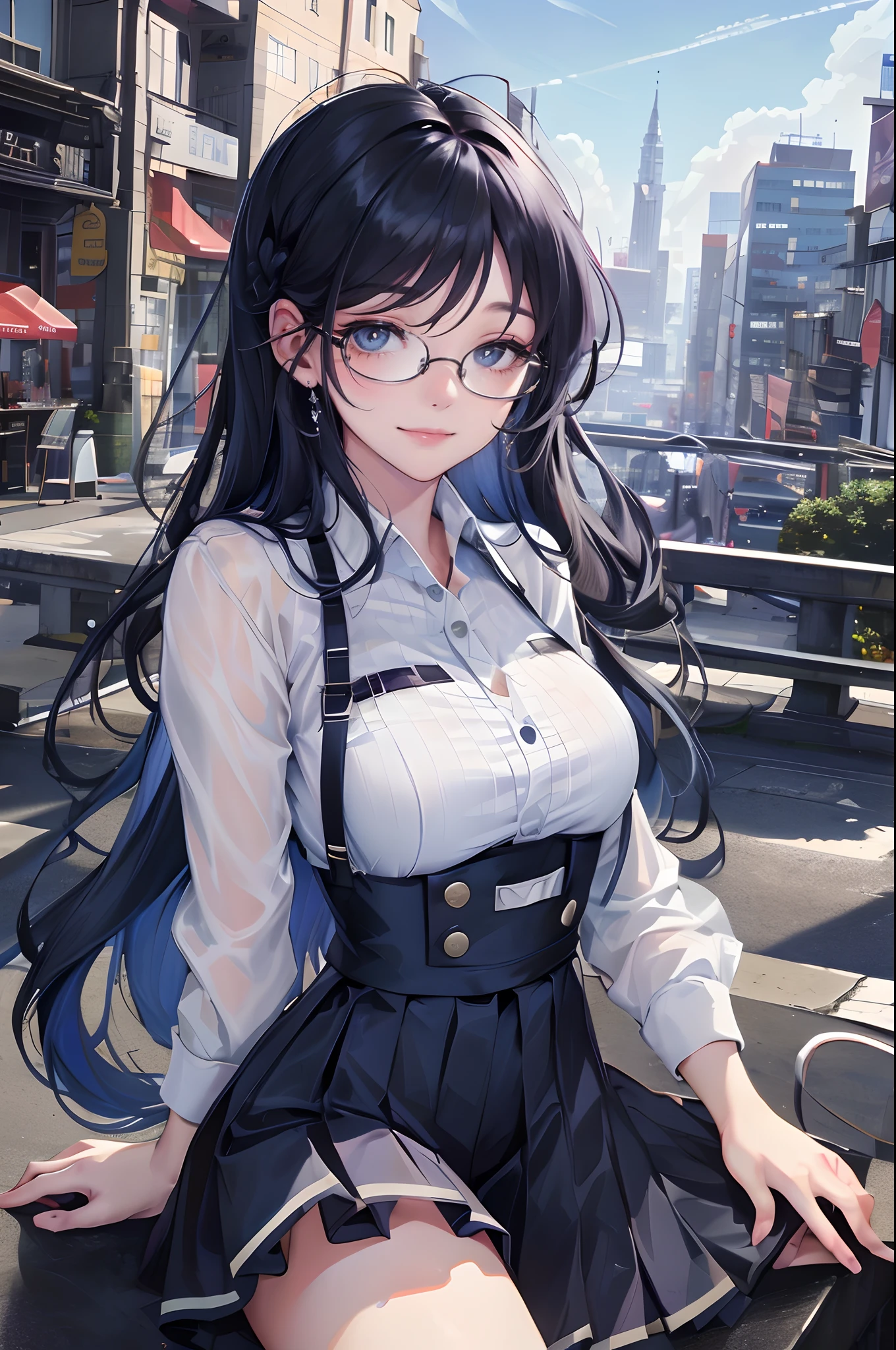 Official fine art,tmasterpiece,Sharp focus,(Beautiful gorgeous lovely Korean women:1.3),(beautiful lovely Korean people:1.3),South Korean beauties,Delicate and beautiful hair and eyes and face,realisticlying,ultra - detailed,a beauty girl,blue-sky,Glowing white particles,(sidelighting:1.2),rays of sunshine,baiyun,Detailed clouds,Slender,Cute big breasts and big buttocks,Toothy laughter,((Laugh and open your eyes)),scenecy,Long straight hair, sexy facial expression, buliding, (cityscape:1.7), Dynamic hair, Long straight hair, Delicate black hair, glow blue eyes, (Navy blue pleated shirt+Klein blue dress), black long socks, paleskin, hair adornments, epic landscapes,White glasses