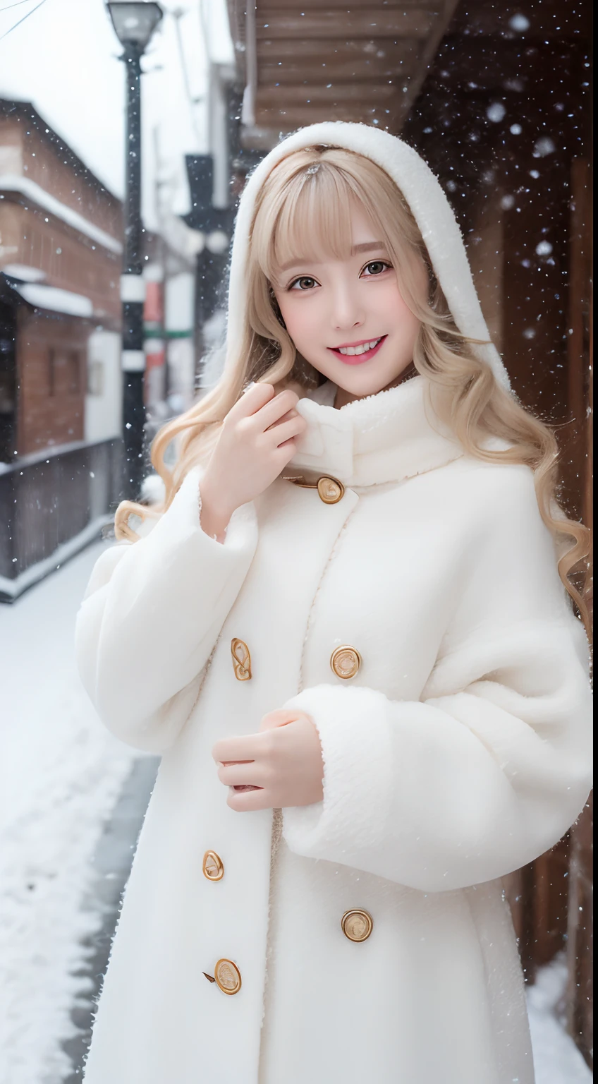 ((best qualtiy, 8K, tmasterpiece:1.3)), Focus:1.2, perfect figure beautiful woman:1.4, Cocked buttocks:1.2, ((long whitr hair)), (Woolly cloak:1.1) , (Falling snow, street，snow cover:1.3),Lace noble Lolita costume:1.1, Highly detailed facial and skin texture, A detailed eye, 二重まぶた，Whiten skin，ssmile，huge tit
