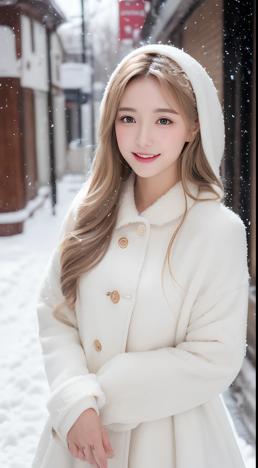 ((best qualtiy, 8K, tmasterpiece:1.3)), Focus:1.2, perfect figure beautiful woman:1.4, Cocked buttocks:1.2, ((long whitr hair)), (Woolly cloak:1.1) , (Falling snow, street，snow cover:1.3),Lace noble Lolita costume:1.1, Highly detailed facial and skin texture, A detailed eye, 二重まぶた，Whiten skin，ssmile，huge tit