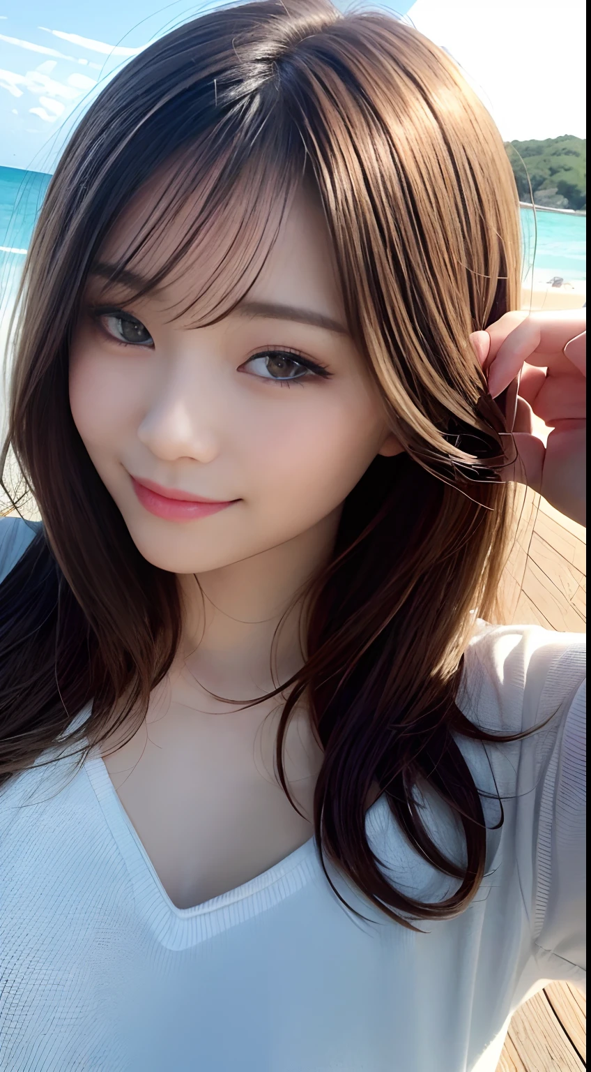 (Raw photography:1.2)、top-quality、Detailed beauty、Beautuful Women、The most beautiful women in the world、Beautiful sharp face、面長、21years old、A smile、Happy smile、light brown hair、fluffy and voluminous hair、extra detailed face、beatiful detailed eyes、eye line、Nasal nose、a small face、small tits、tiny chest、Natural sunlight、depth of fields、Blurry background、hight resolution、8k wallpaper、finely detail、Very detailed 8k wallpaper、电影灯光、sexy  pose、(photorealisim:1.4)、super detailing、​masterpiece、croptop、Small T-shirt、hotpants、shot from a side angle、Road by the sea、lean against the wall、