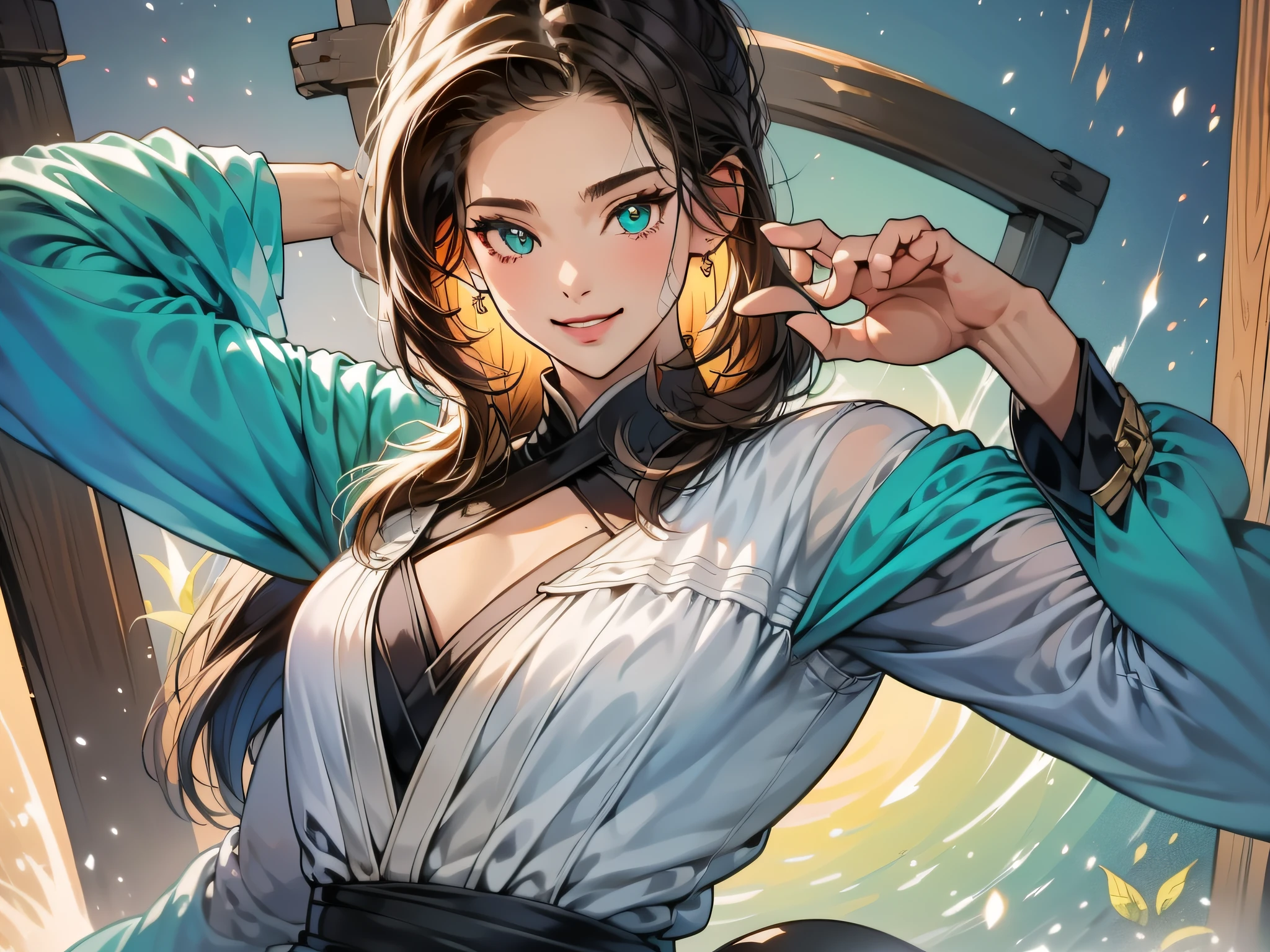 (in 8K、top-quality、masterpiece:1.2)、1人の女性、(Smiling smile:1.1)、beautidful eyes、Valley、The upper part of the body、shorth hair、Like a boy、bob cuts、Colossal tits、black view、