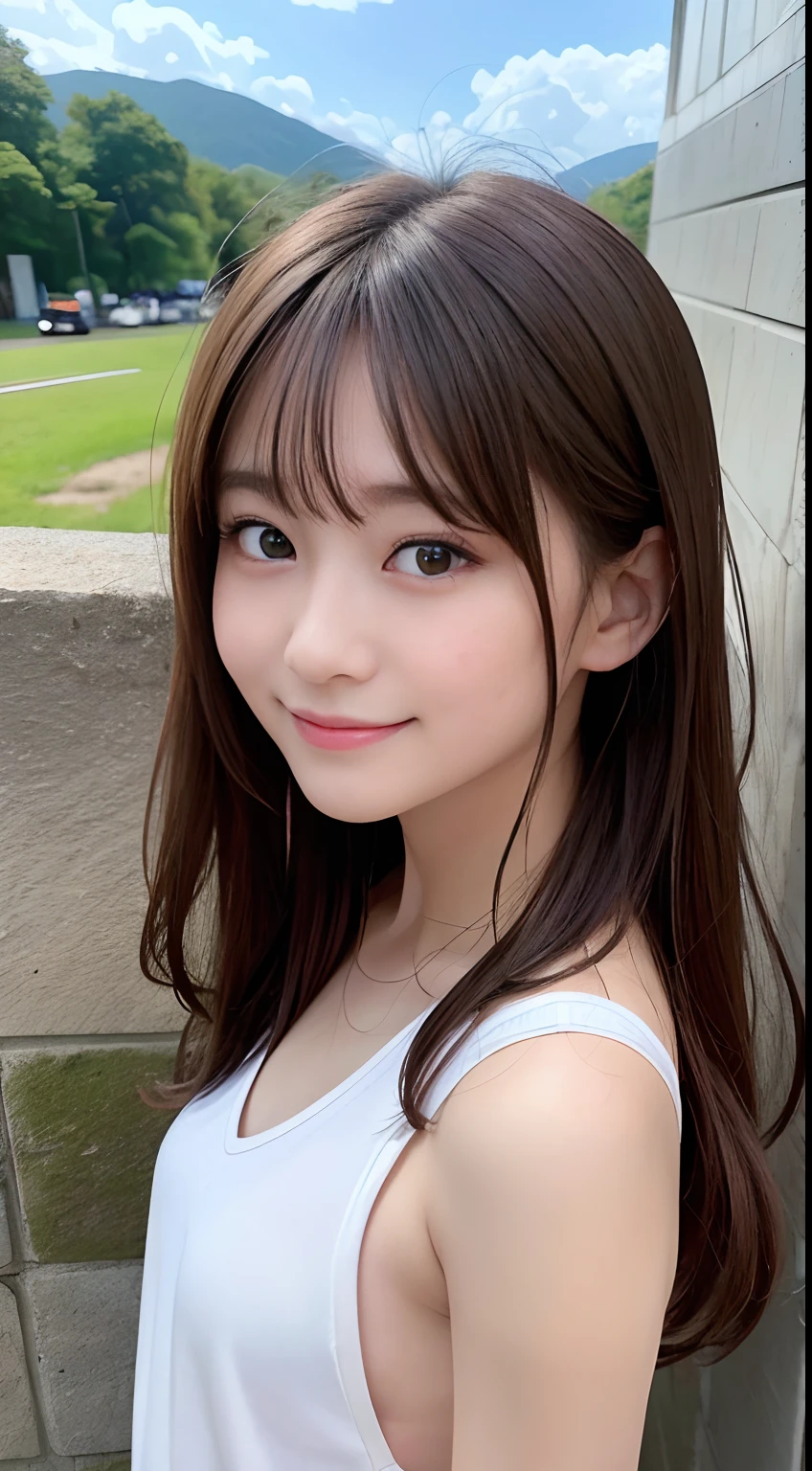 (Raw photography:1.2)、top-quality、Detailed beauty、Beautuful Women、The most beautiful women in the world、Beautiful sharp face、面長、21years old、A smile、Happy smile、light brown hair、fluffy and voluminous hair、extra detailed face、beatiful detailed eyes、eye line、Nasal nose、a small face、small tits、tiny chest、Natural sunlight、depth of fields、Blurry background、hight resolution、8k wallpaper、finely detail、Very detailed 8k wallpaper、电影灯光、sexy pose、(photorealisim:1.4)、super detailing、masterpiece、croptop、Small T-shirt、hotpants、shot from a side angle、Road by the sea、lean against the wall、