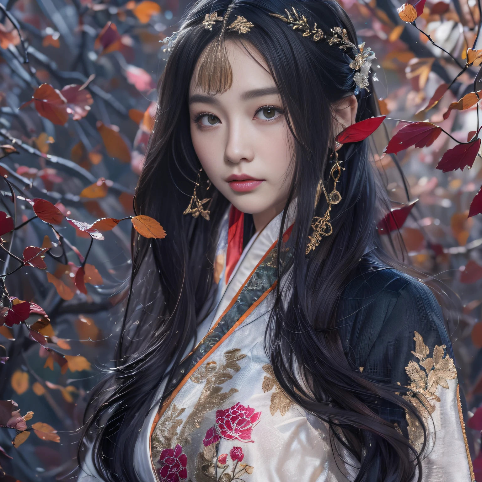 32K(tmasterpiece,k hd,hyper HD,32K)Long flowing black hair,ponds,zydink, a color, Asian people (Silly girl), (Silk scarf), Combat posture, looking at the ground, long whitr hair, Floating hair, Carp pattern headdress, Chinese bright purple long-sleeved outfit, (abstract ink splash:1.2),Yellow ginkgo biloba background,Pink and white lotus flowers fly(realisticlying:1.4),Black color hair,Fallen leaves flutter,The background is pure, A high resolution, the detail, RAW photogr, Sharp Re, Nikon D850 Film Stock Photo by Jefferies Lee 4 Kodak Portra 400 Camera F1.6 shots, Rich colors, ultra-realistic vivid textures, Dramatic lighting, Unreal Engine Art Station Trend, cinestir 800,Long flowing black hair