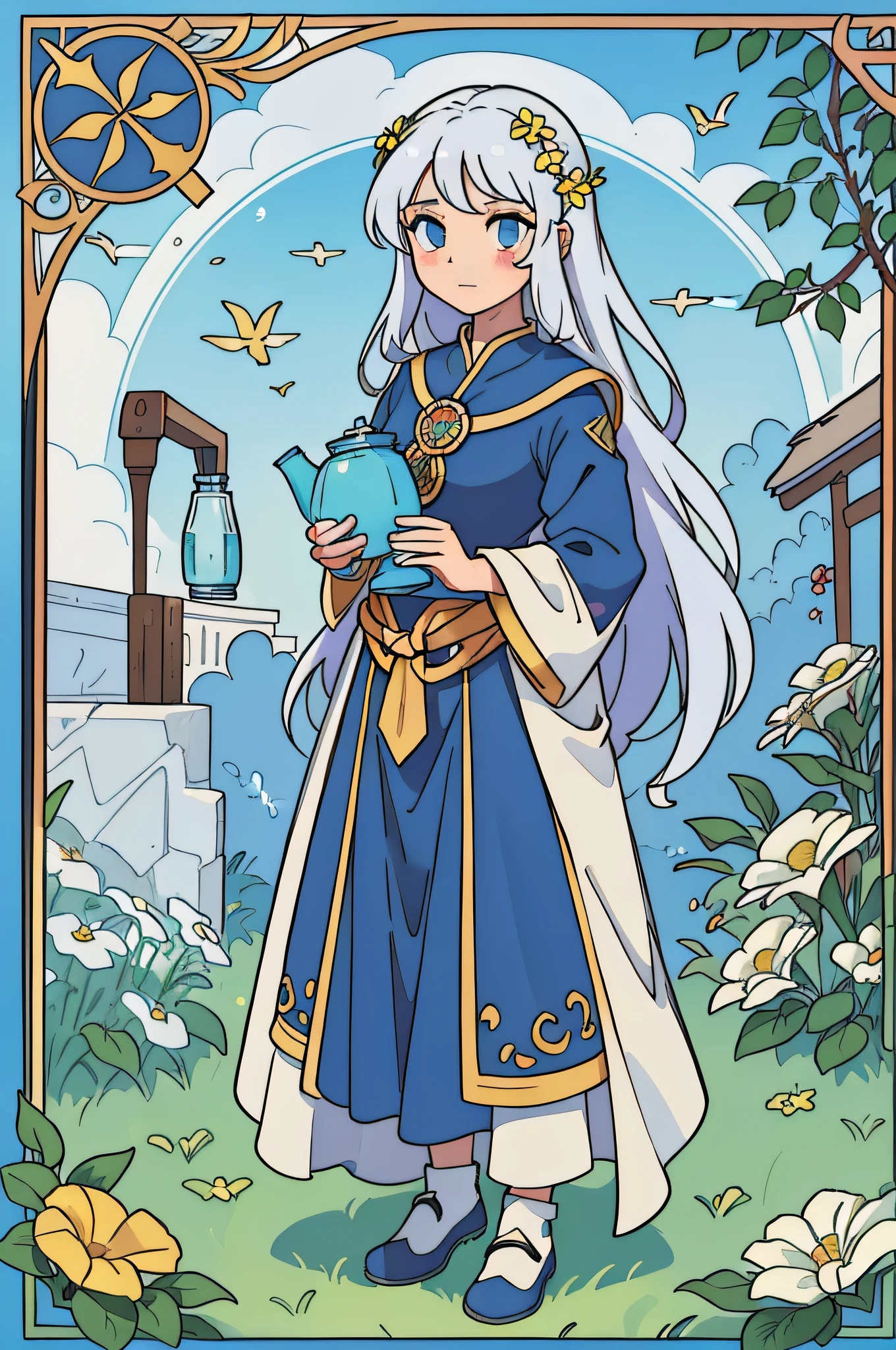 tarot cards,Full tarot border,(best images quality),(The image is surrounded by a tarot card-style border:1.5),(8k wallpaper),(best images quality),(Extremely detailed description),tarot card art,tarot card art, tarot design, beuaty girl,The most beautiful girl in the world,gardener,,blue-sky,Bokeh background,gardening(Hold a sprinkler jug;2),quadratic element,(hoang lap,A high resolution,hyper-detailing),Visual storytelling,capturing moments,historical records,social commentary,Powerful images,mosaic art,Small,Colorful inlays,Intricate patterns,Tile design,Durable surface,Time-honored technology,A girl holds a sprinkler jug and is about to water a flower,Flat coating,a warm color palette,long white hair,Beautiful female,idyllic,male people,A half body