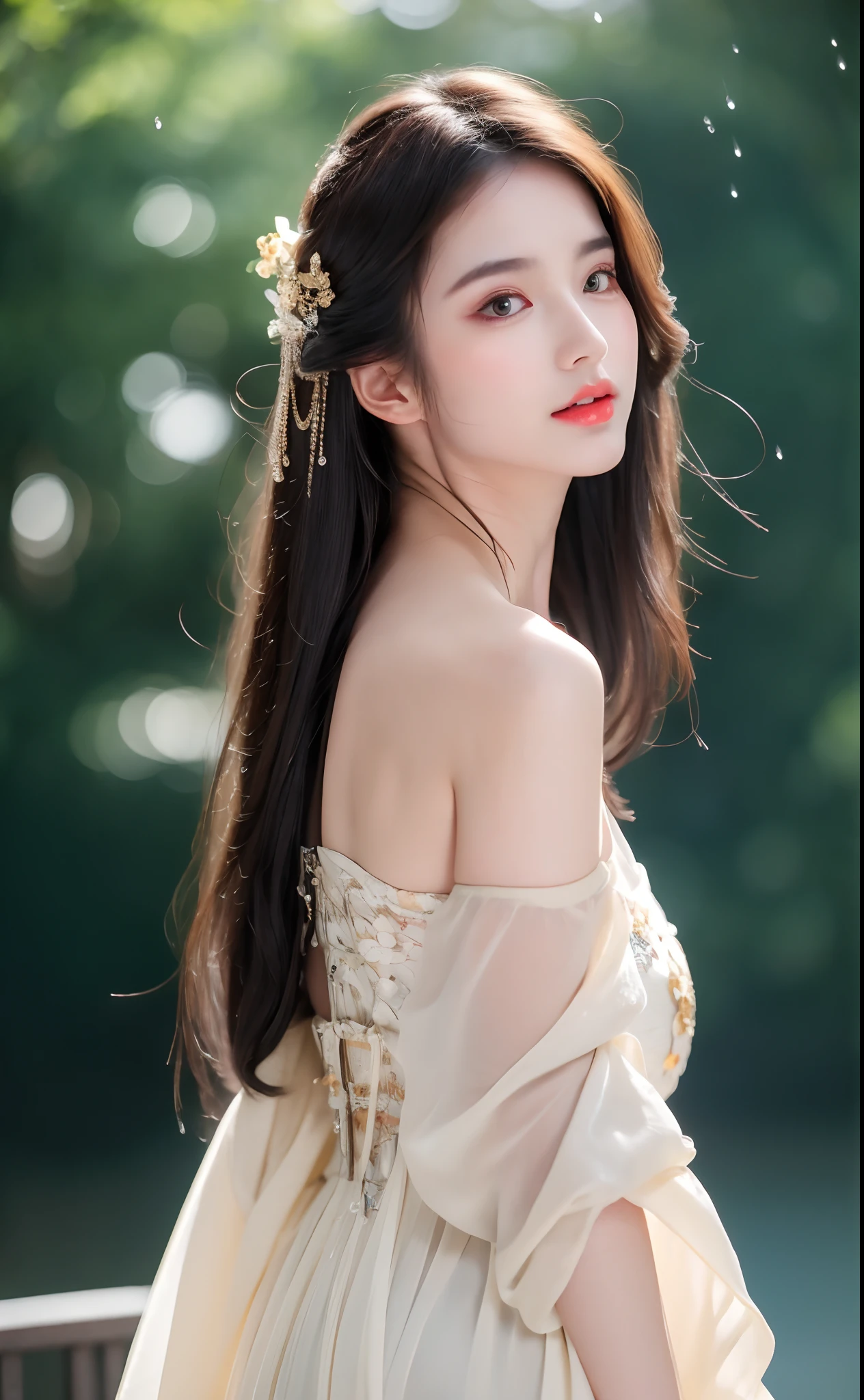 ((Best Quality, 8k, Masterpiece: 1.3)), Focus: 1.2, Perfect Body Beauty: 1.4, Buttocks: 1.2, ((Layered Haircut)), (Wet Clothes: 1.1), (Rain, Street:1.3), (Breasts: 1.2), (Hanfu: 1.2), Bare Shoulders, Bare Legs, Highly Detailed Face and Skin Texture, Fine Eyes, Double Eyelids, Whitened Skin, Long Hair, (Shut Up: 1.5), (Bokeh Background: 1.5), Big Breasts