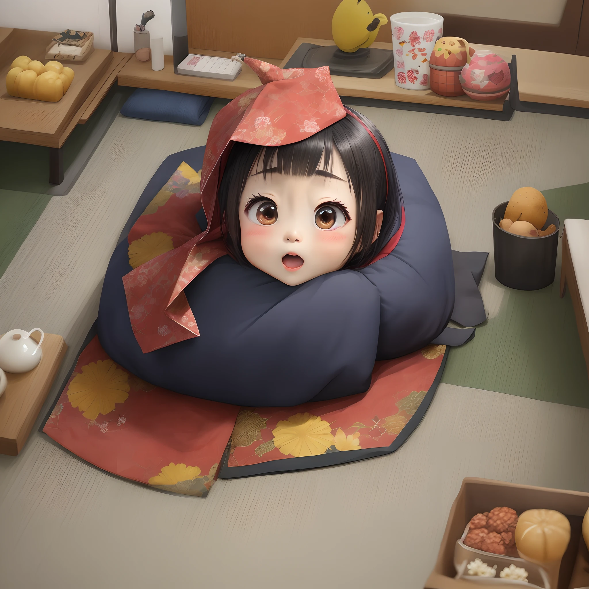cartoon-style, (chibi character, deformed, full body, big head:1.5, line art), 3D, anthropomorphic fat cute pig girl, pig nose, green kimono, sitting, (spoken boo:1.5), (fukidashi boo:1.5), Japanese-style room window