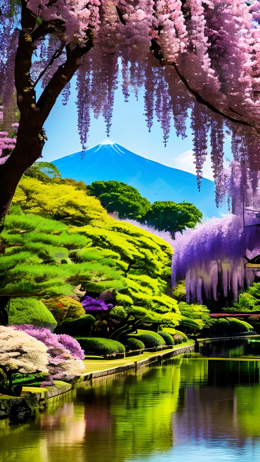 mdjrny-pprct, japanese architecture, Sakura, wisteria, Flower Garden, mountains and rivers, Clouds (high detial: 1.2)、Evening glow