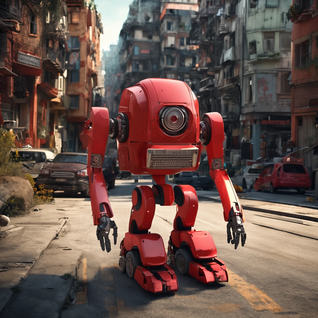 Red robot away from the scene, atacando com um golpe flamejante, (, rear image, 5 years oldat robot) huge robot looking at little girl.