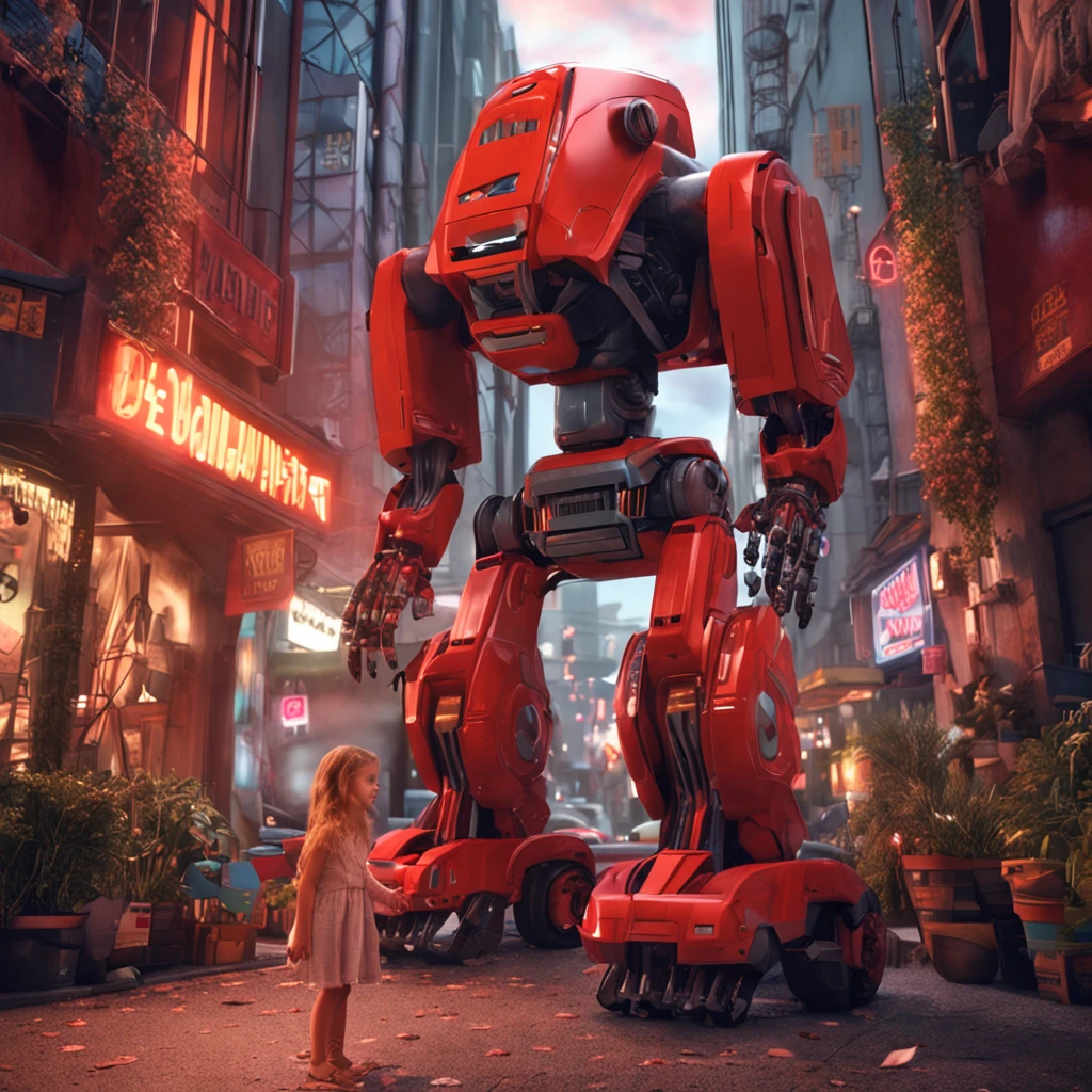 Red robot away from the scene, atacando com um golpe flamejante, (, rear image, 5 years oldat robot) huge robot looking at little girl.
