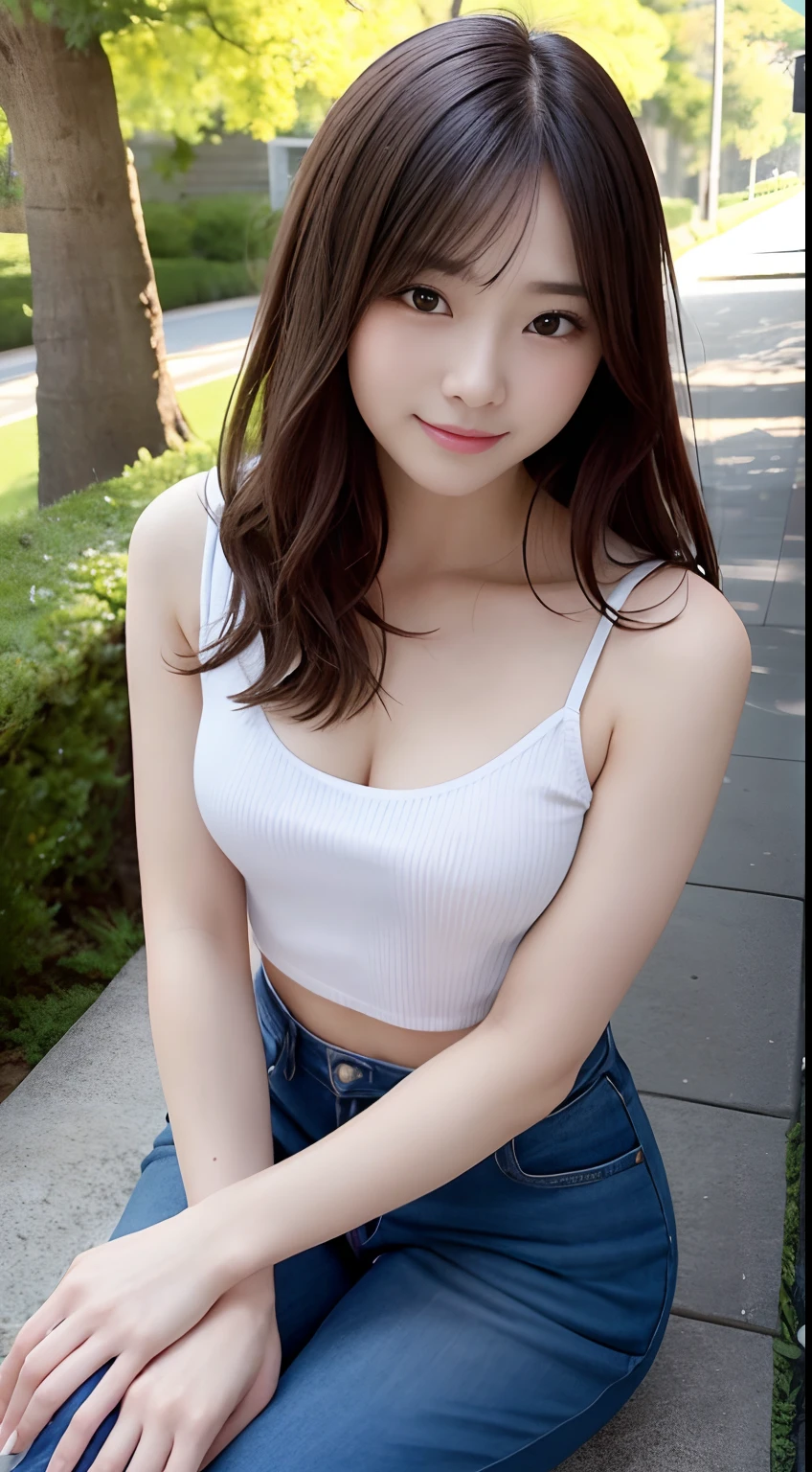 (Raw photography:1.2)、top-quality、Detailed beauty、Beautuful Women、The most beautiful women in the world、Beautiful sharp face、面長、21years old、A smile、Happy smile、light brown hair、fluffy and voluminous hair、extra detailed face、beatiful detailed eyes、eye line、Nasal nose、a small face、small tits、tiny chest、Natural sunlight、depth of fields、Blurry background、hight resolution、8k wallpaper、finely detail、Very detailed 8k wallpaper、电影灯光、sexy pose、(photorealisim:1.4)、super detailing、masterpiece、croptop、Small T-shirt、hotpants、shot from a side angle、Road by the sea、lean against the wall、