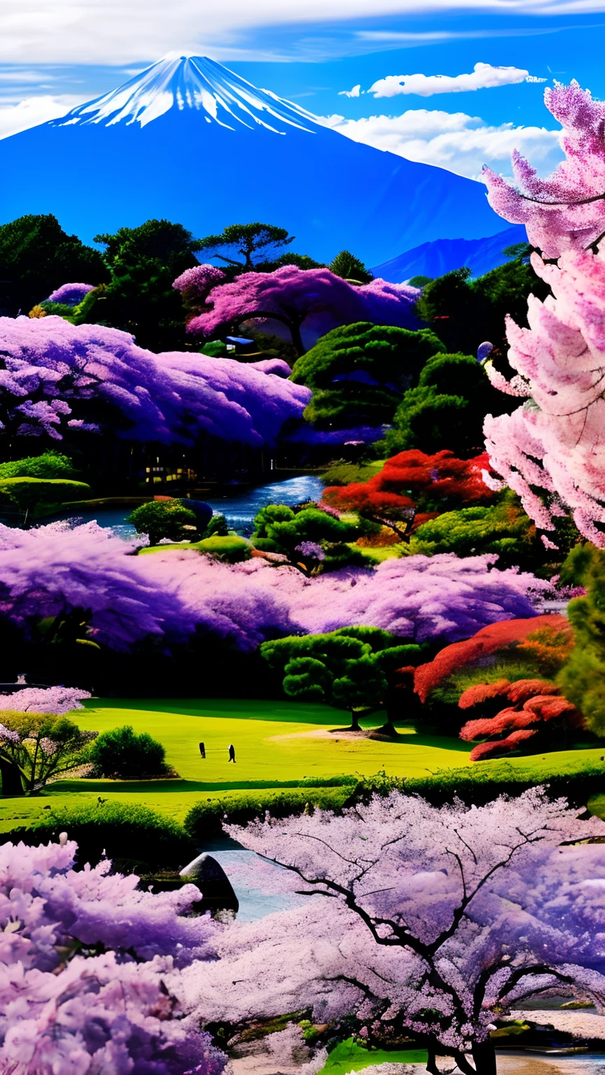 mdjrny-pprct, japanese architecture, Sakura, wisteria, Flower Garden, mountains and rivers, Clouds (high detial: 1.2)、Evening glow