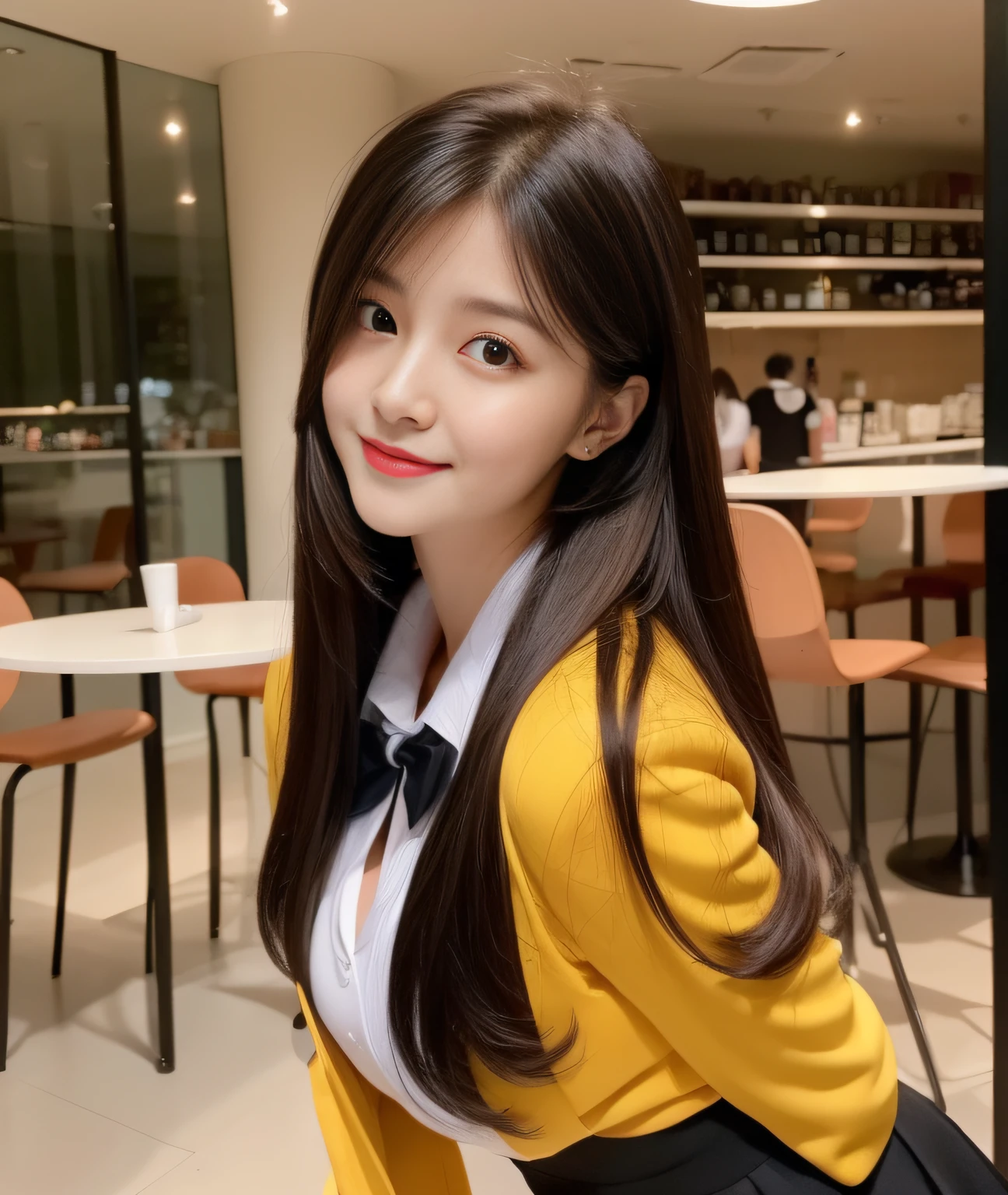 ((Best Quality, 8K, Masterpiece: 1.3)), a beauti, In addition, melon face, Friendly and cute, sweet smile, Pure desire, Slender body, (s whole body), (tilted head), ((looking at camera)), Medium Black Silky Straight Hair, Long flowing shoulders, round black big eyes, clear big eyes, moist red lips, Cafe shop background, ((full body shooting)), (Yellow Blazer, bows, Sneakers, Red Stockings, High School Uniform: 1.2, ), (Big breasts), (full body shots), ((bobbed hair))