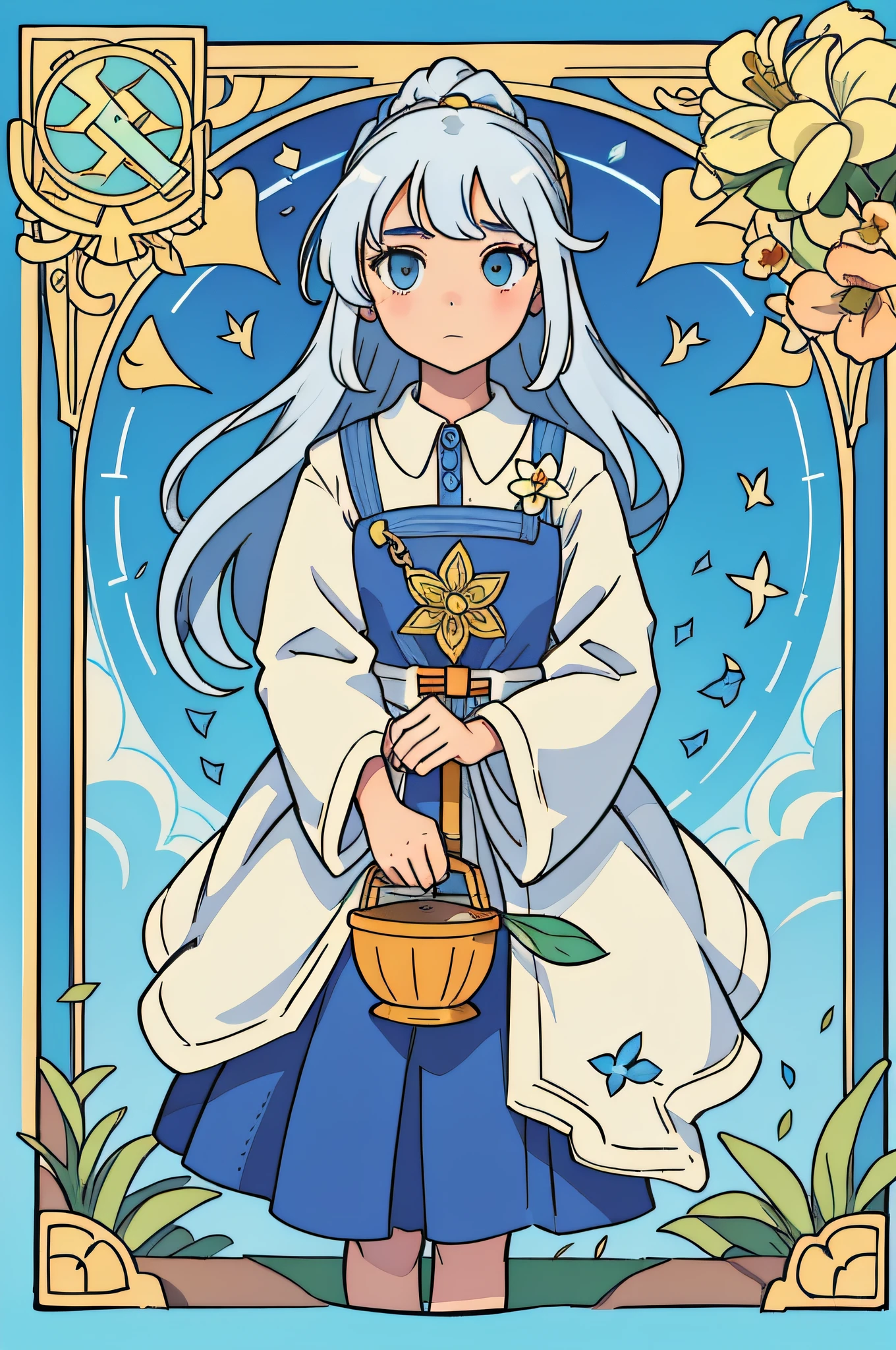 tarot cards,Full tarot border,(best images quality),(The image is surrounded by a tarot card-style border:1.5),(8k wallpaper),(best images quality),(Extremely detailed description),tarot card art,tarot card art, tarot design, beuaty girl,The most beautiful girl in the world,gardener,,blue-sky,Bokeh background,gardening(Hold a sprinkler jug;2),quadratic element,(hoang lap,A high resolution,hyper-detailing),Visual storytelling,capturing moments,historical records,social commentary,Powerful images,mosaic art,Small,Colorful inlays,Intricate patterns,Tile design,Durable surface,Time-honored technology,A girl holds a sprinkler jug and is about to water a flower,Flat coating,a warm color palette,long white hair,Beautiful female,idyllic,