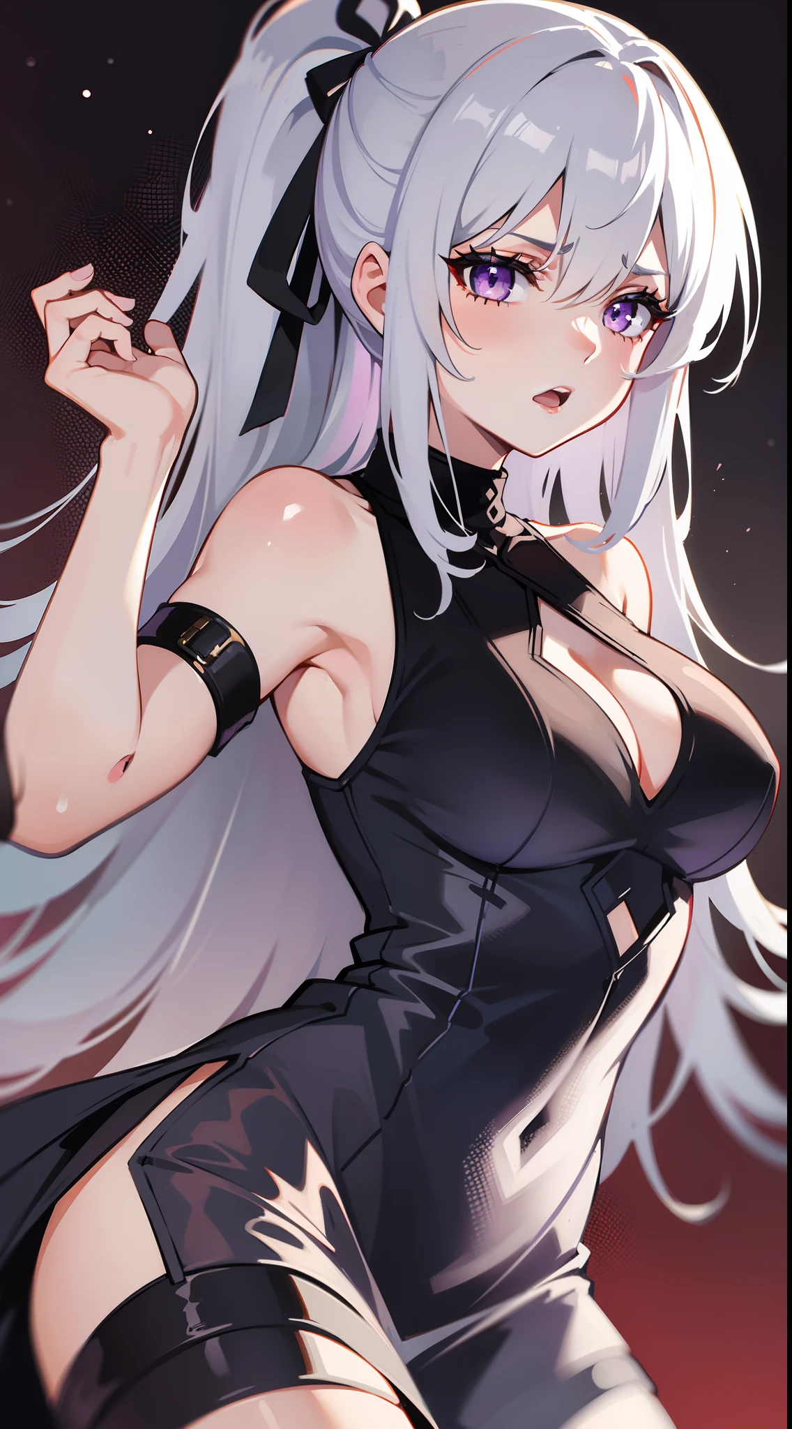 young girl, Long white hair, high ponytail, violet eyes, Rich sleeveless dress, open breasts, anger, Masterpiece, hiquality