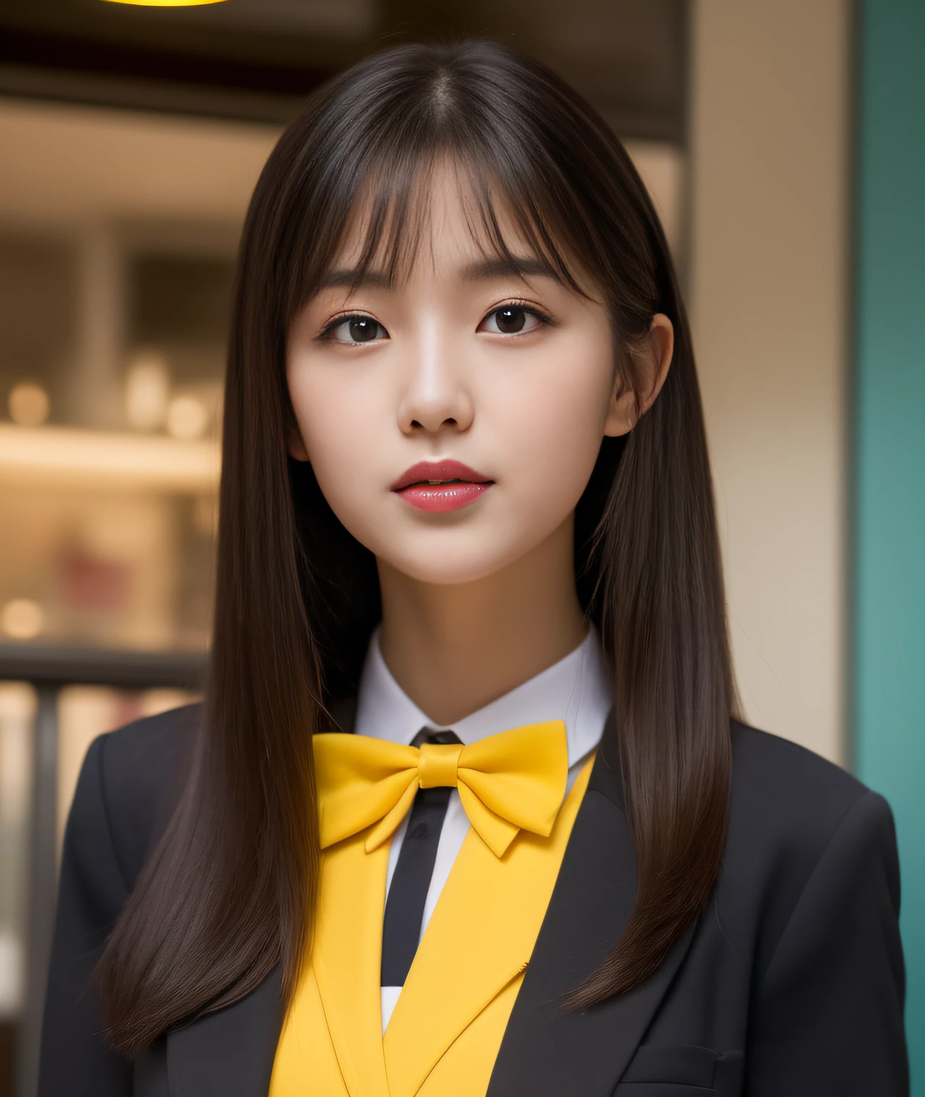 ((Best Quality, 8K, Masterpiece: 1.3)), a beauti, In addition, melon face, Friendly and cute, sweet smile, Pure desire, Slender body, (s whole body), (tilted head), ((looking at camera)), Medium Black Silky Straight Hair, Long flowing shoulders, round black big eyes, clear big eyes, moist red lips, Cafe shop background, ((full body shooting)), (Yellow Blazer, bows, Sneakers, Red Stockings, High School Uniform: 1.2, ), (Big breasts), (full body shots), ((bobbed hair))