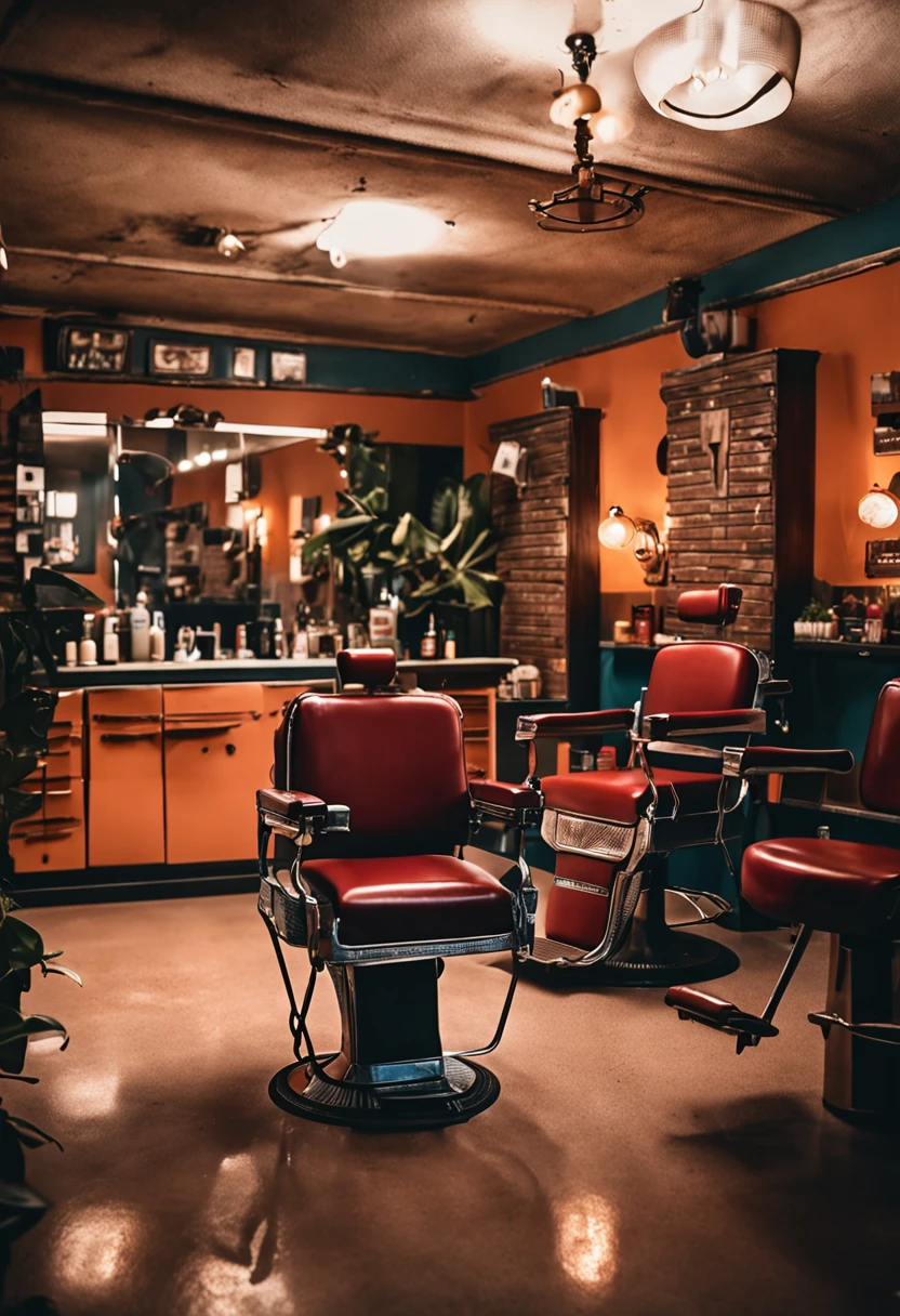 A group of friends having fun in a barbershop, sitting on wooden waiting chairs, talking.