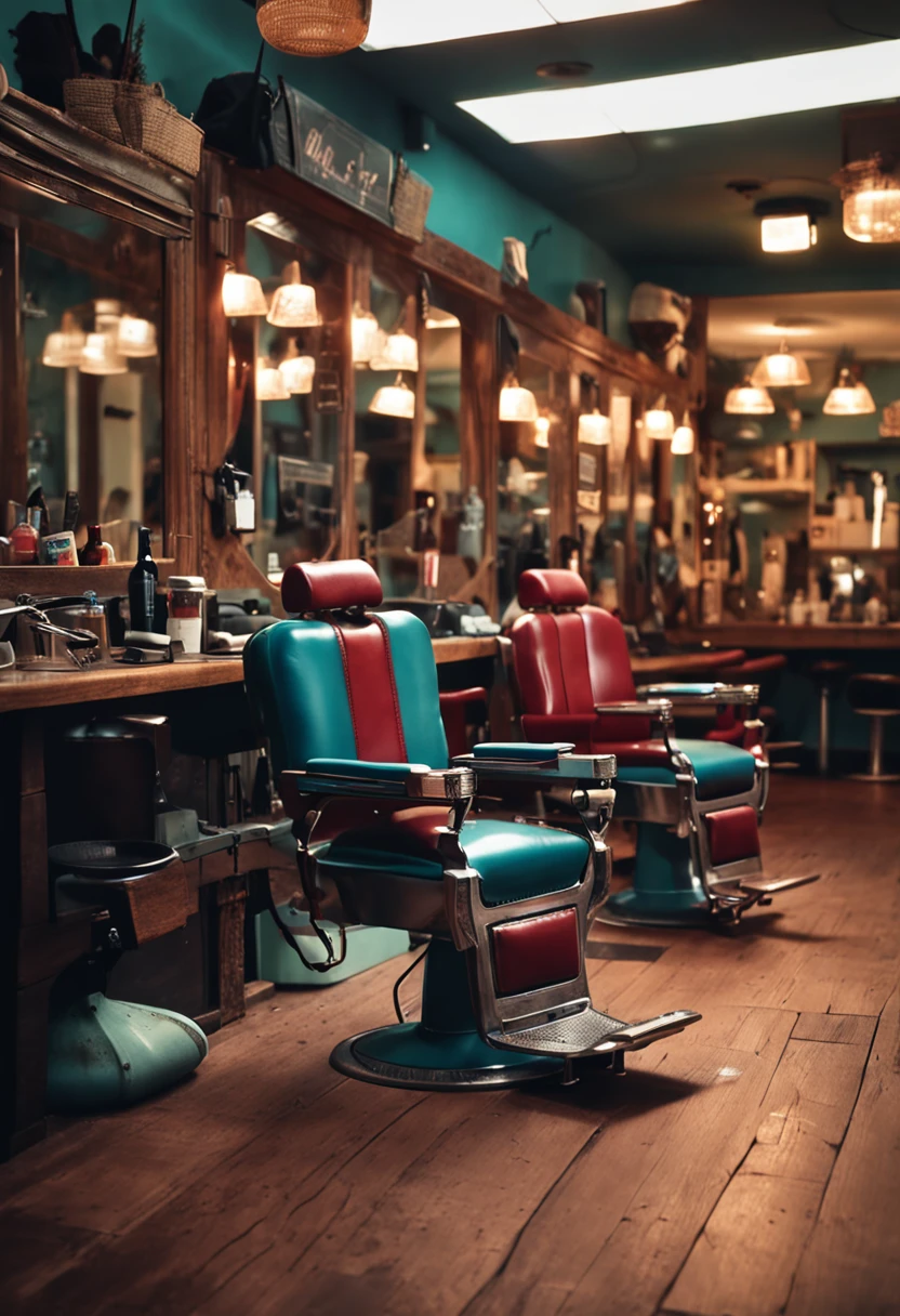 A group of friends having fun in a barbershop, sitting on wooden waiting chairs, talking.